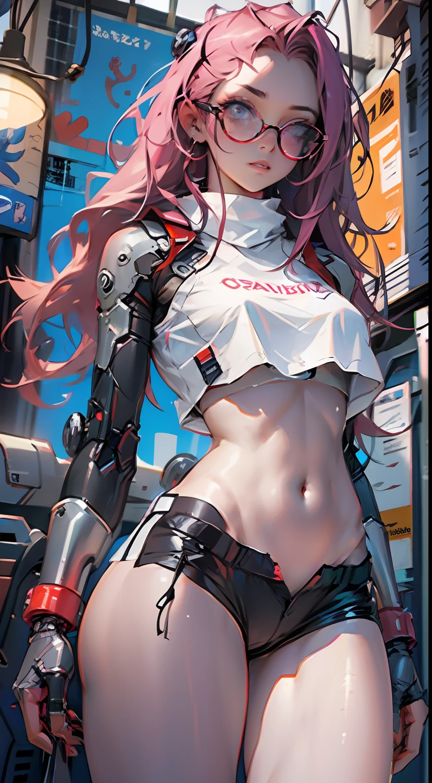 Woman body defined thick thighs cybernetic body parts, short underwear