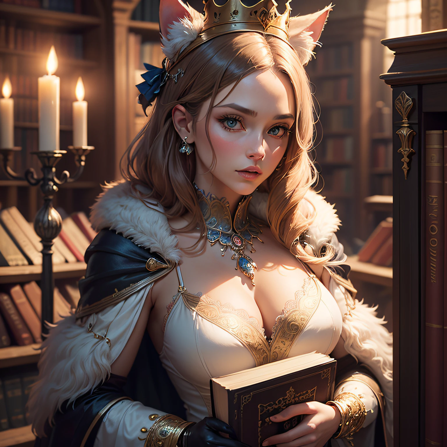 (masterpiece, best quality, beautiful fantasy art:1.4), fantasy_art, female cat:2.0, well_dressed, elegant_gown, intricate_lace, silk_gloves, embroidered_dress, ruffled_skirt, feathered_hat, ornate_headpiece, gemstone_crown, fluffy_ears, decorated_ears, tipped_ears, embellished_shoulders, shoulder_cape, fur_stole, historic_library, towering_bookshelves, dusty_tomes, soft_candlelight, ancient_manuscripts, leather_bound_books, parchment_scrolls, illuminated_texts, cinematic light, (sharp focus:1.6), highly detailed, ultra realistic, 8k