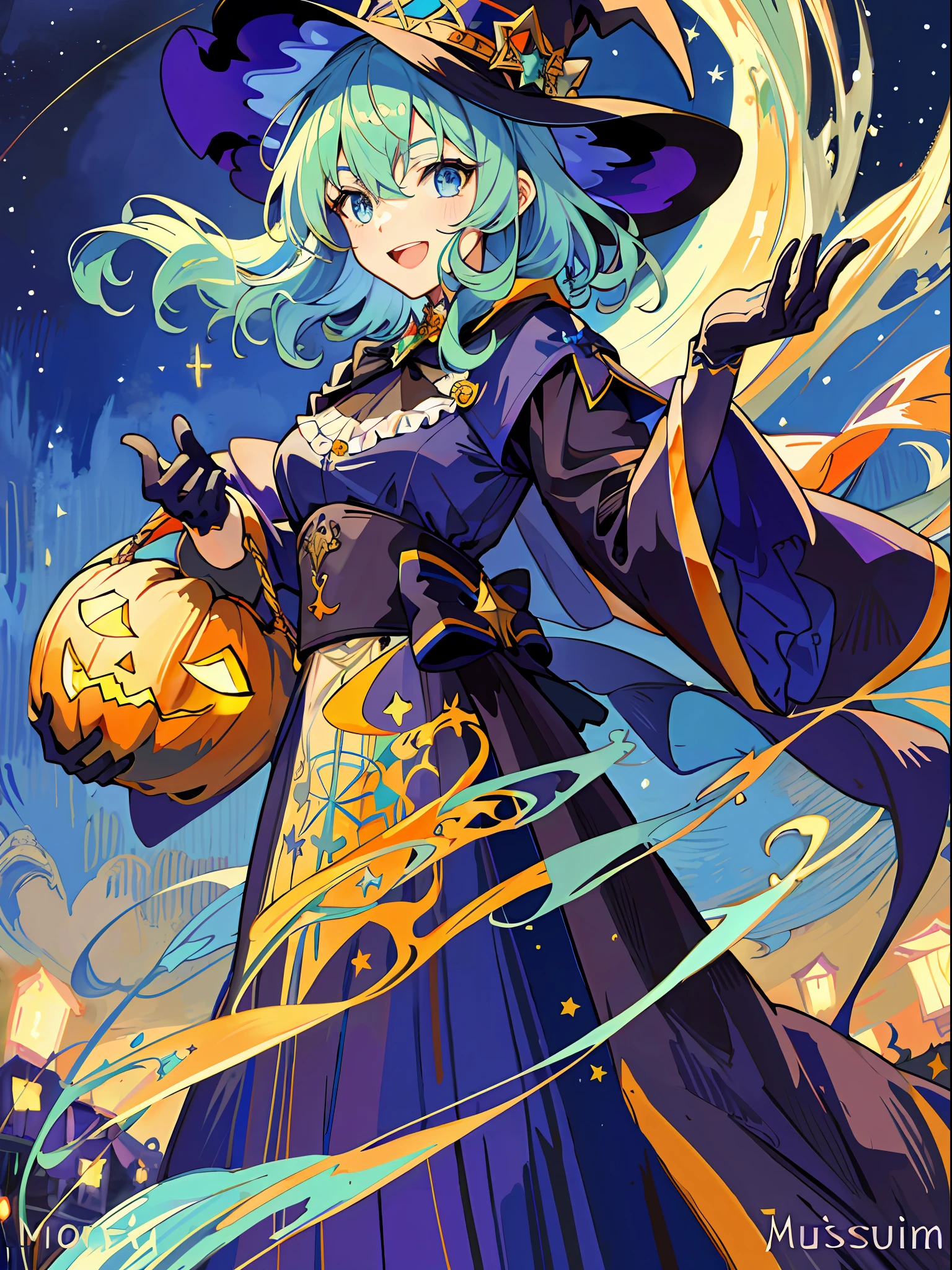((masterpiece:1.2, best quality)), 1girl, solo, (witch hat), a close up of a girl with curly hair, dress, aurora, night, star (sky), gloves, sky, dress, night sky, open mouth, starry sky, light blue eyes, ribbons, smile, cape, colorful hair, magic, casting spell, night, (impressionism:1.4), alphonse mucha, Halloween colors, colorful candy, magical lights, pumpkins, candies