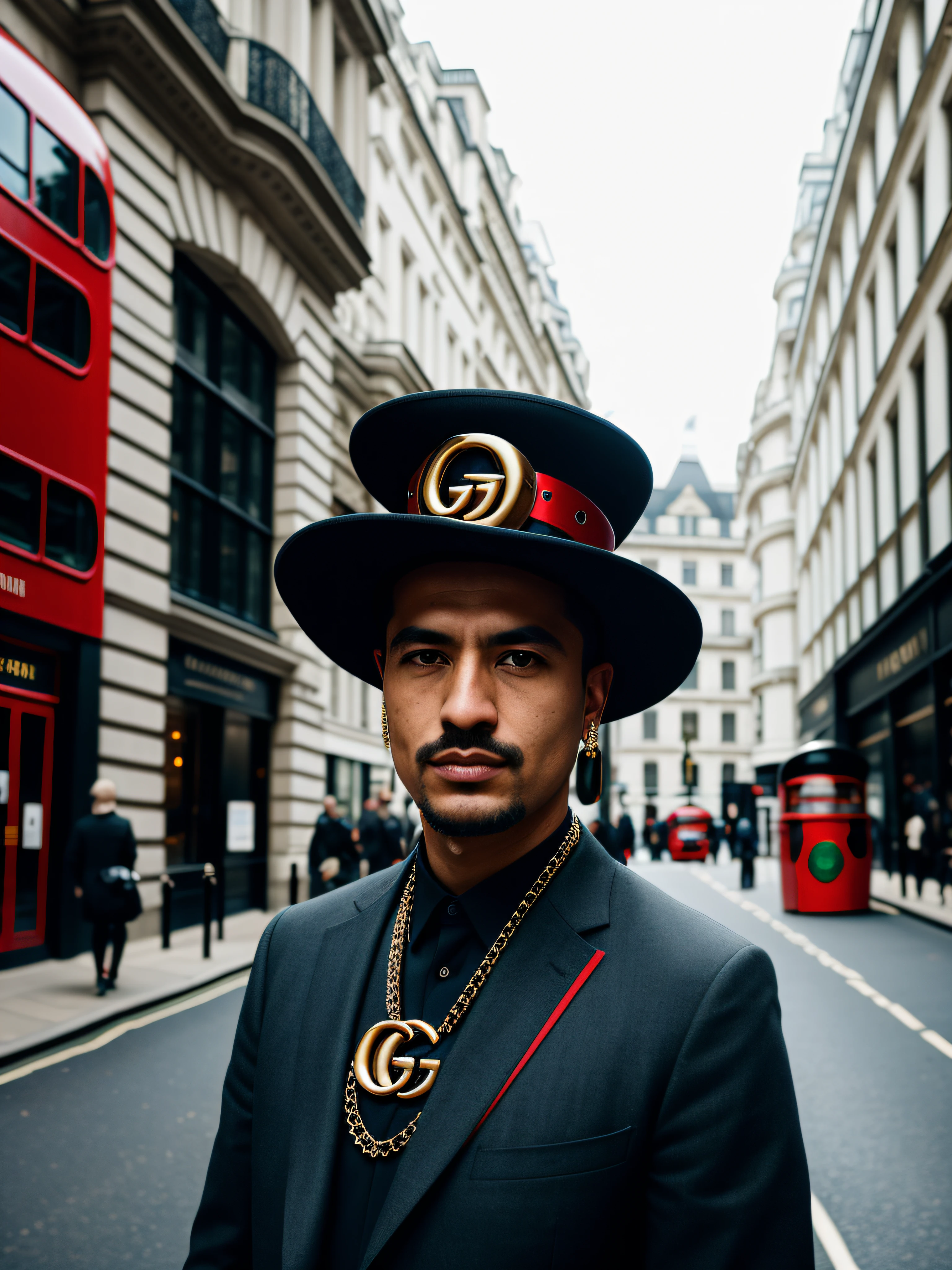 "Portrait of a robot warrior on a London street, wearing Gucci, captured in 4k fujifilm.