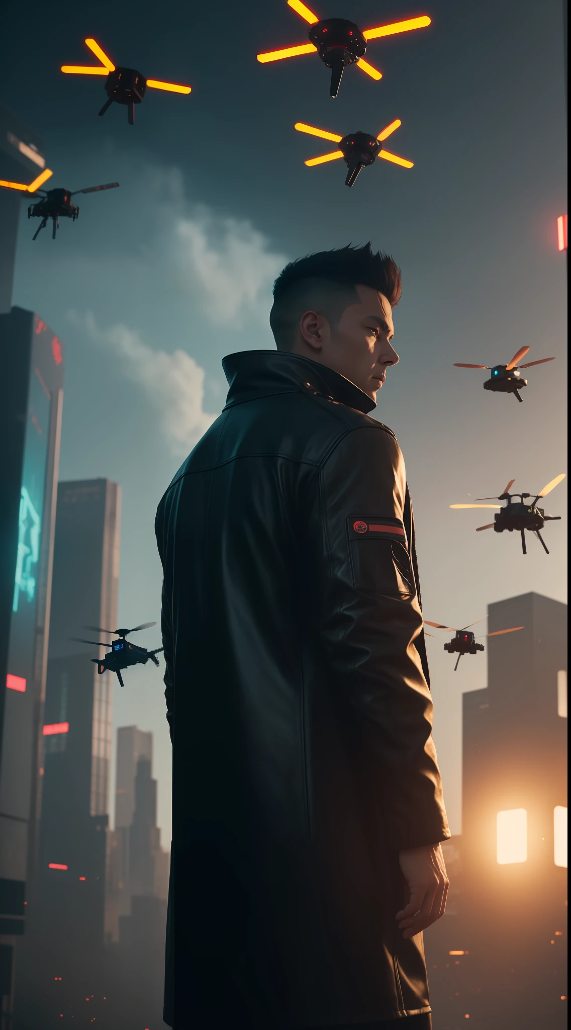 A mysterious android, dressed in a leather coat and surrounded by flying drones. cyberpunk aesthetics, action film shot by Kon Satoshi, Semi Impasto style, matte paint, atmospheric, bright, dramatic lighting