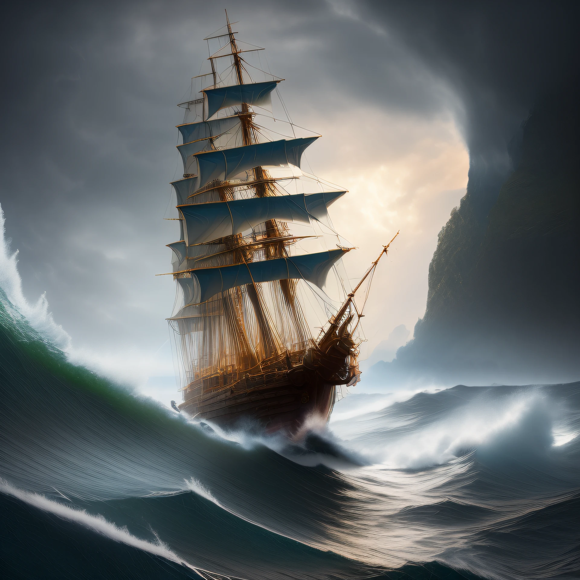 (highly detailed:1.2),(best quality:1.2),(8k:1.0),(emb-rrf-low:1.0),sharp focus,(award-winning photograph:1.2), (subsurface scattering:1.1), Detailed sailing ship in a stormy sea, illustrated by oliver hoiberg and john howe, bright colors, hyperrealistic textures and lighting, cinematic atmosphere, trending on artstation, 3D render with photorealistic elements, perfect composition and dynamic movement.