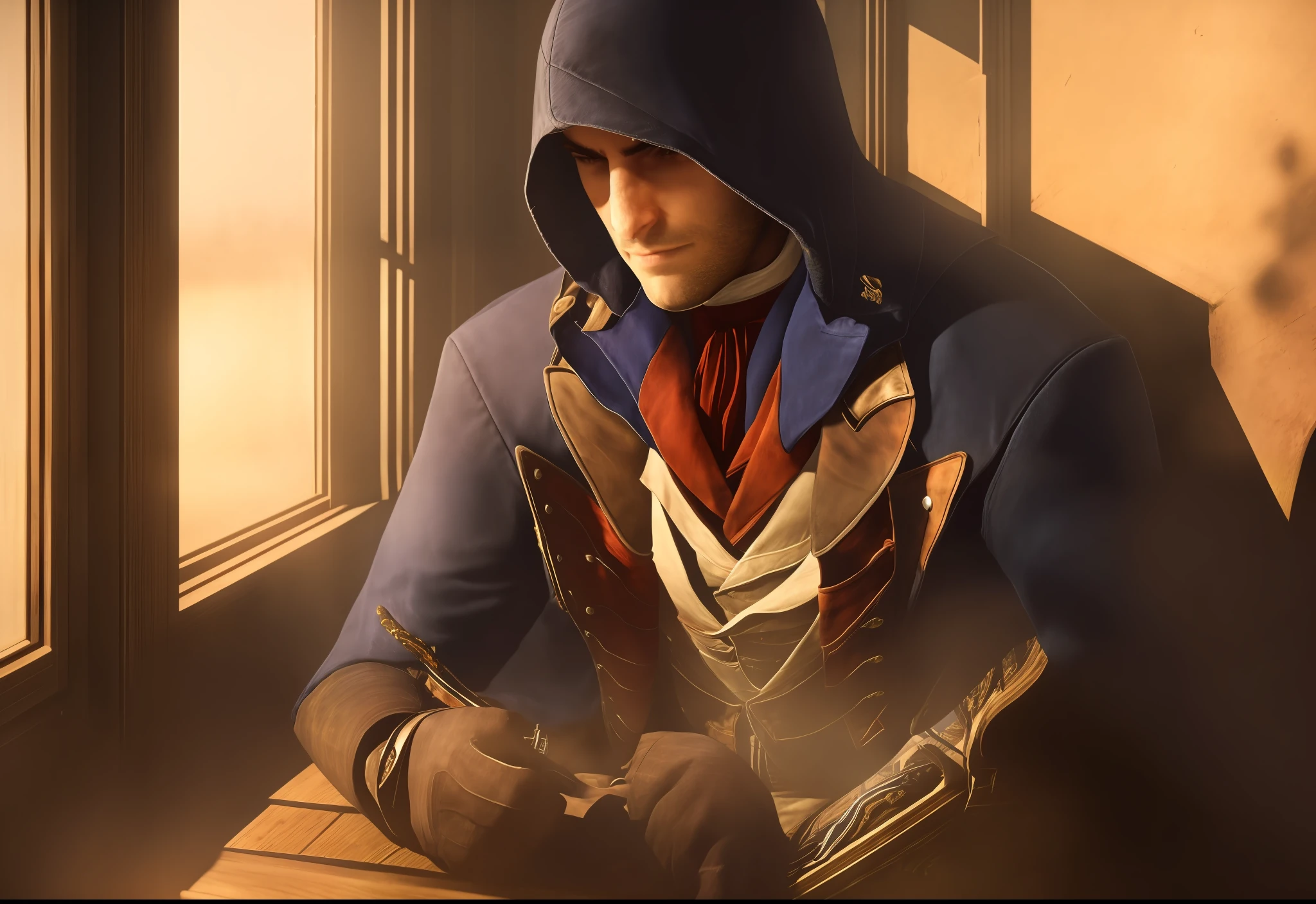 An assassin stands indoors, Arnodolian, the sunlight shining on his body outside the small window, illuminating the contours of his face, a high nose, short beard, a lighted wooden table in front of him, and a view of the Paris street outside the small window.
(Assassin: 1.2) (Arnodolian: 1.3) (Sunlight illuminated through the window: 1.1) (High nose: 1.1) (Short beard: 1.1) (Wooden table: 1.1) (Lighted wooden table: 1.2) (Paris Street View: 1.1)