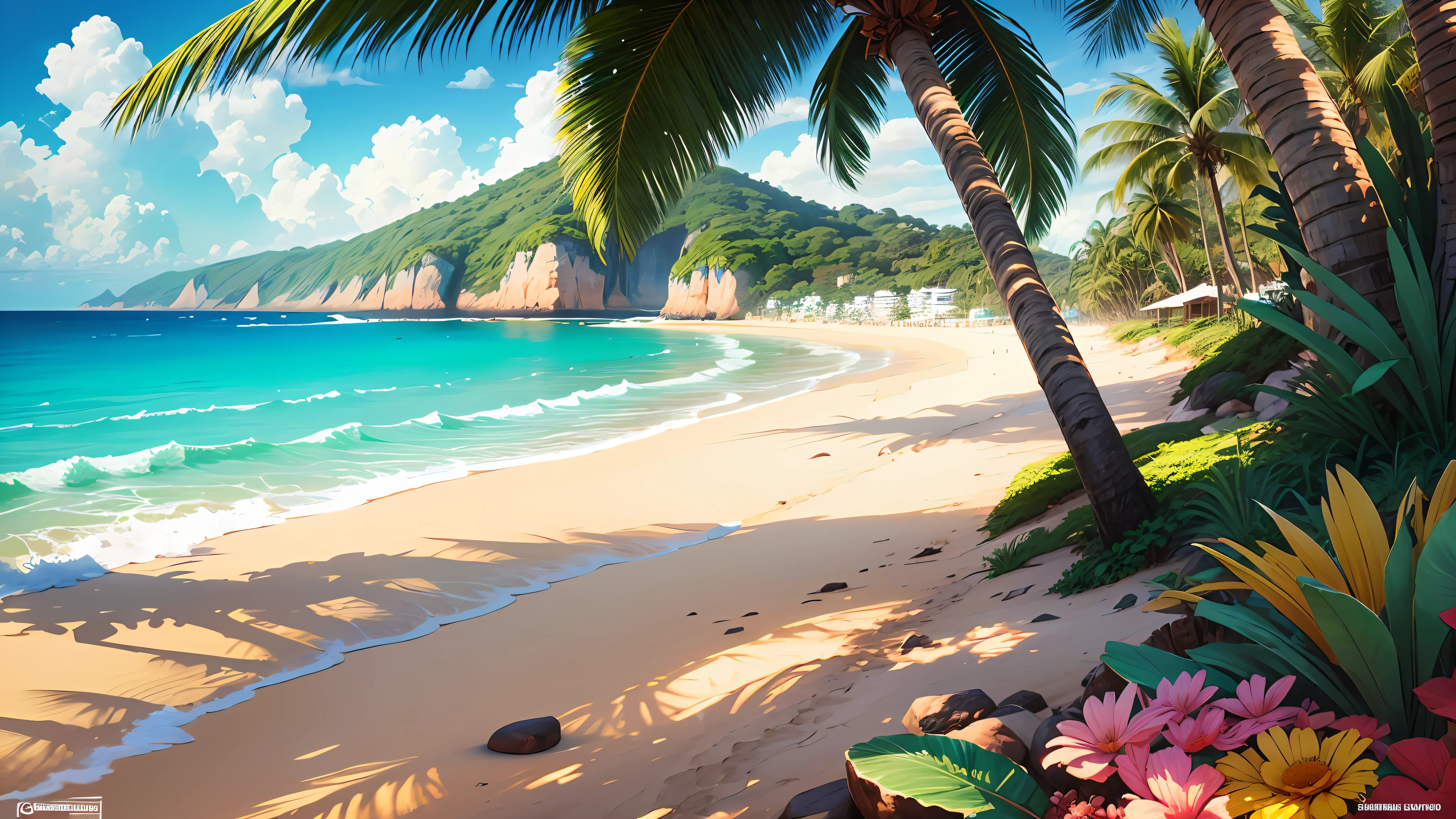 cartoon HD, beautiful beach, sunny morning, Brazilian plants --auto --s2