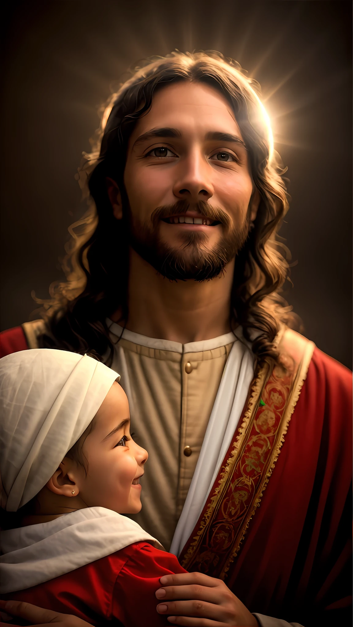 add_detail:1, realistic image of Jesus Christ smiling with a child, add_detail:light, cinematic light