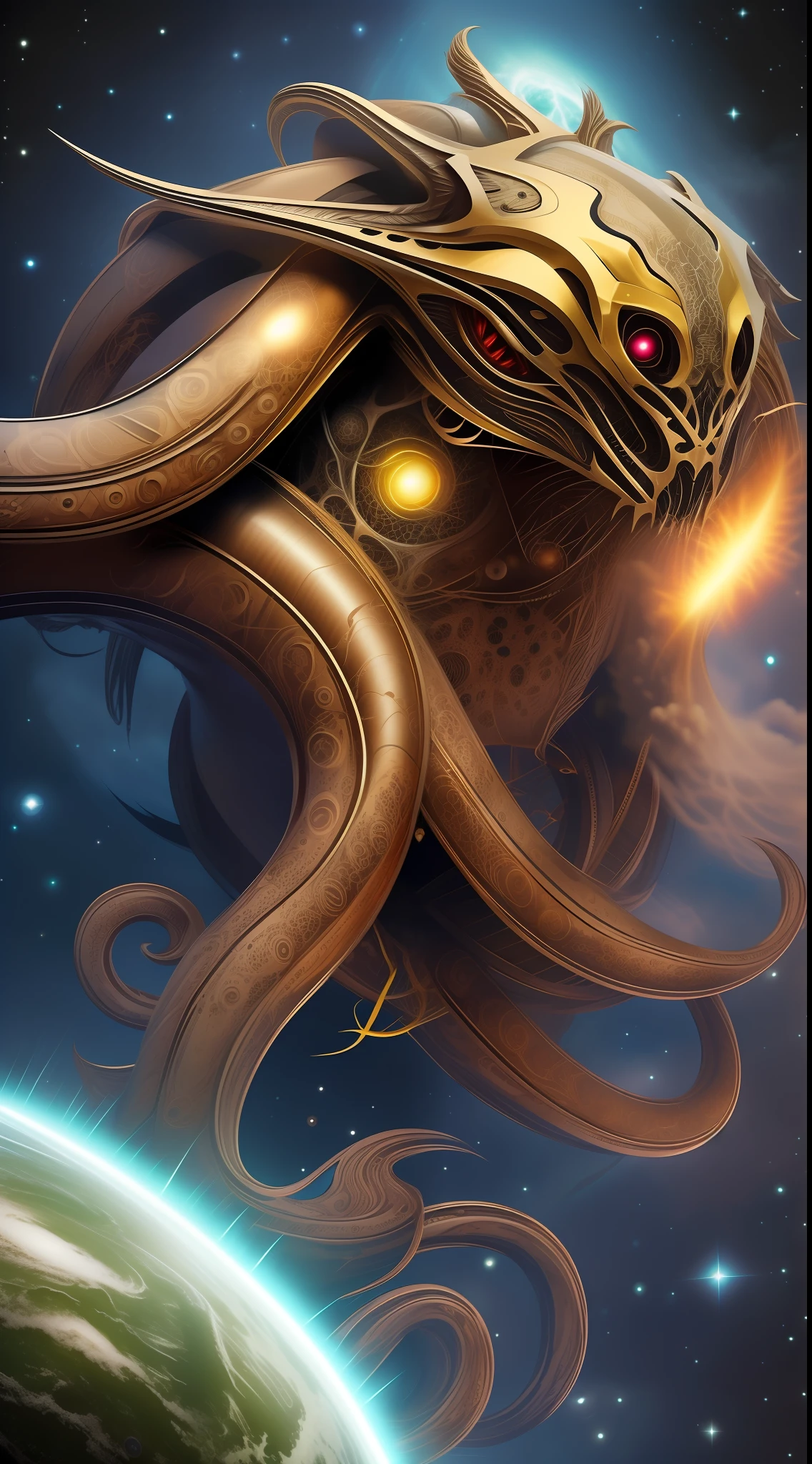 Draw a terrifying cosmic monster, an imposing and frightening creature that evokes the terror of the vast universe. Its shape must be alien and grotesque, with elements that refer to stars, nebulae and galaxies.

The cosmic monster must have a massive, shapeless body composed of twisted tentacles that extend in all directions. These tentacles can feature stellar patterns, such as bands of bright colors and abstract shapes resembling supernovae.

Your mouth should be filled with sharp, jagged teeth, capable of tearing and devouring everything in front of you. Their eyes, if present, can be represented as glowing, hypnotic orbs, emitting a sinister light that reveals their cosmic nature.

The skin or outer lining of the monster can be represented with complex and unknown textures, as if it were a combination of cosmic matter, gas and energy. This skin can exhibit pulsating light patterns or show ever-changing astronomical phenomena.

The cosmic monster must seem immensely powerful and capable of manipulating the cosmic forces in its favor. It may be surrounded by a halo of sinister energy, emitting lightning and gusts that suggest its destructive nature.

Feel free to add additional details, such as sharp spines or appendages that enhance your menacing appearance, or shadowy wings that allow you to move among the stars.

Remember that the goal is to create a frightening and stunning image of a cosmic monster, which personifies the vastness and terror of the cosmos