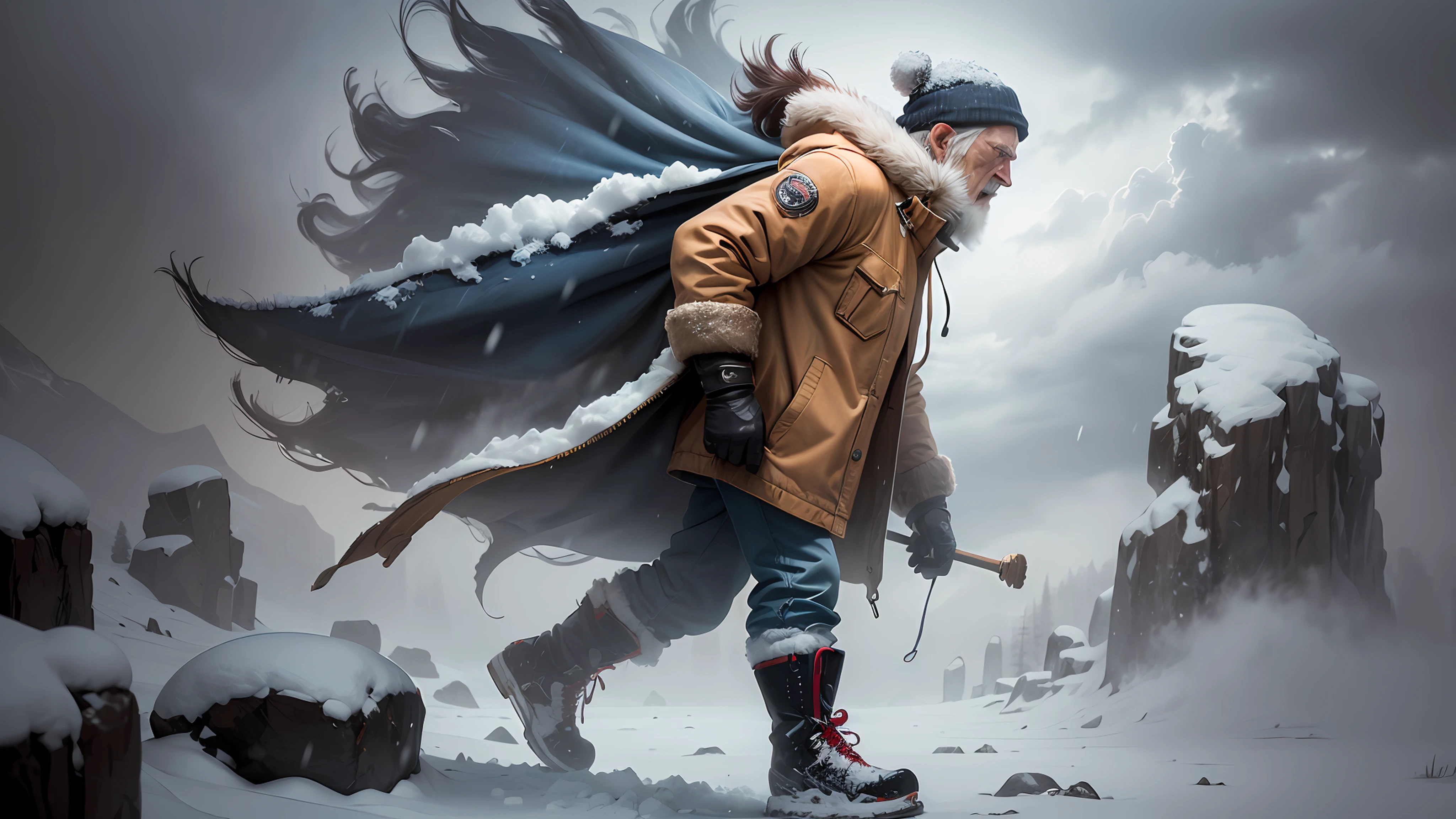 ((1man)) (a muscular old man walking in a blizzard, wearing jacket), ((side view, half body)), snow, ice age, wind, mist, rock hills