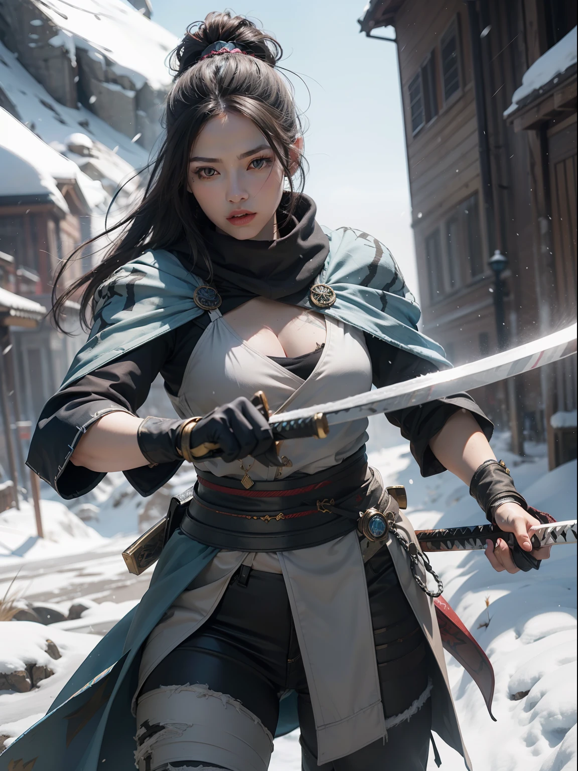 woman, Blue and White TIger Samurai with tattered worn cloak standing in a fierce , highly detailed, photorealistic, unreal engine, combat stance. unreal engine 5, hyper-realism, Nvidia Geforce 4090TI ,Katana, snow mountains in the backround, magical power
