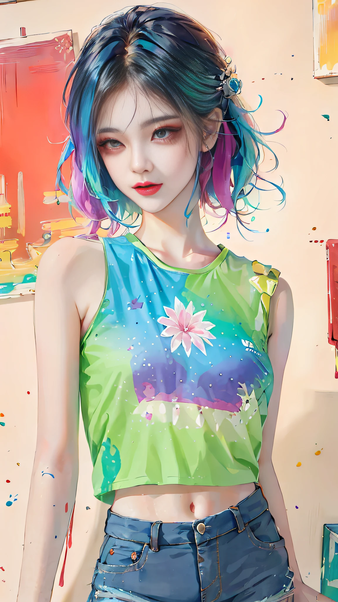 arafed woman with blue hair and a green top with flowers, colorful pigtail, with sprouting rainbow hair, anime inspired, anime girl with cosmic hair, vibrant fantasy style, cute colorful adorable, flower butterfly vest, colorful]”, y 2 k cutecore clowncore, rossdraws pastel vibrant, unearthly art style, colorful, rossdraws cartoon vibrant