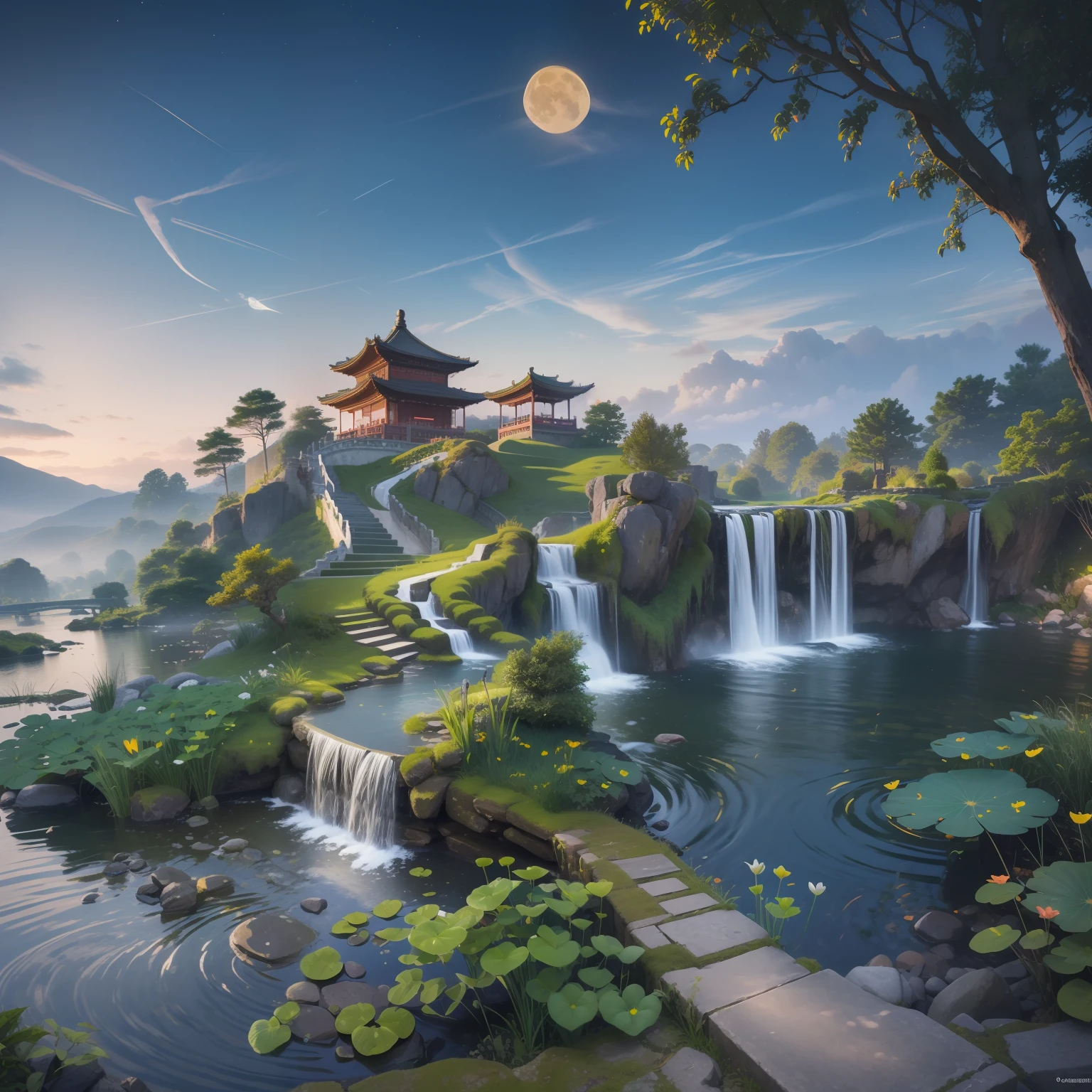 Ancient Chinese architecture, cool colors, dark night, moon, garden, bamboo, lake, stone bridge, rockery, arch, corner, tree, running water, landscape, outdoor, waterfall, grass, rock, dense fog, (Illustration: 1.0) , Epic Composition, HD Details, Masterpiece, Best Quality, (Very Detailed CG Unity 8k Wallpapers) --v 6