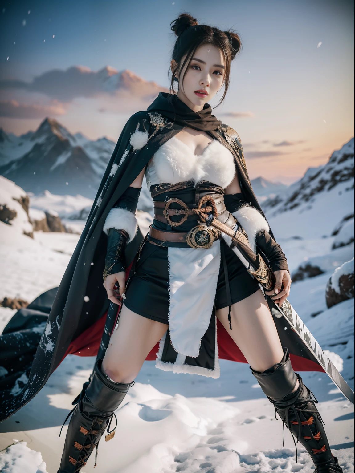 woman, Blue and White TIger Samurai with tattered worn cloak standing in a fierce , highly detailed, photorealistic, unreal engine, combat stance. unreal engine 5, hyper-realism, Nvidia Geforce 4090TI ,Katana, snow mountains in the backround, magical power