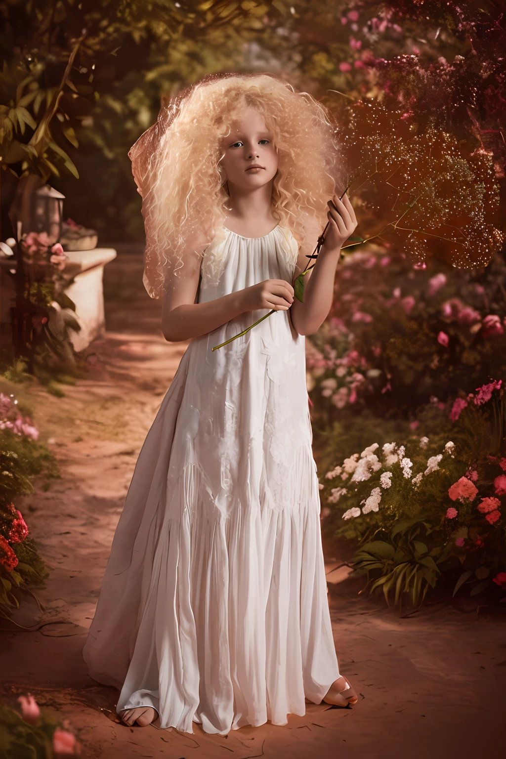 Hyper-detailed photo of a girl in Renaissance style, looking into the camera. In the background, a garden renacisense, cinematic scene, canon r5 and the 8k natural scenery, realism, paissagem