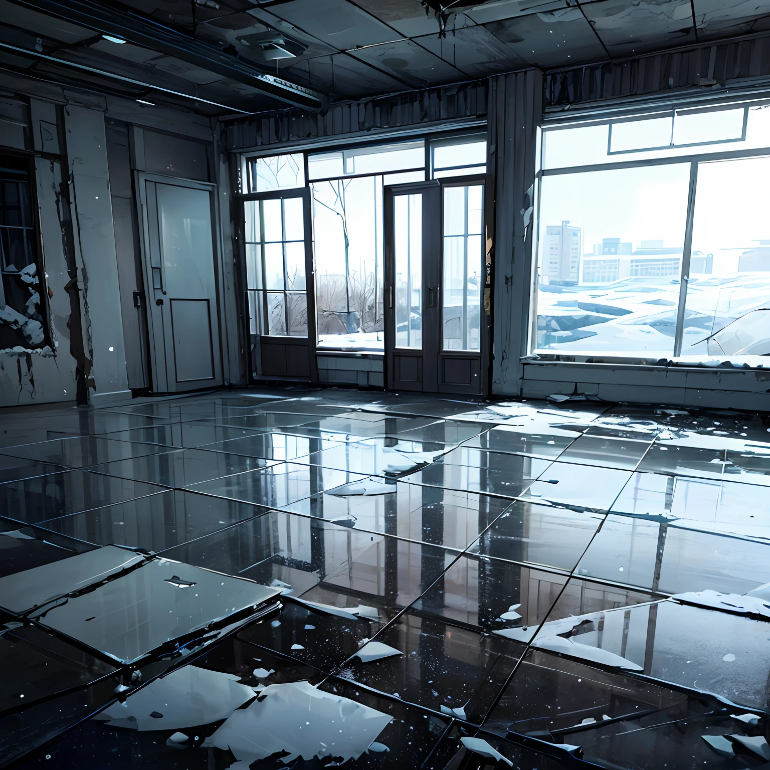 A ruined room in an abandoned icy building, ice, snow, broken glass