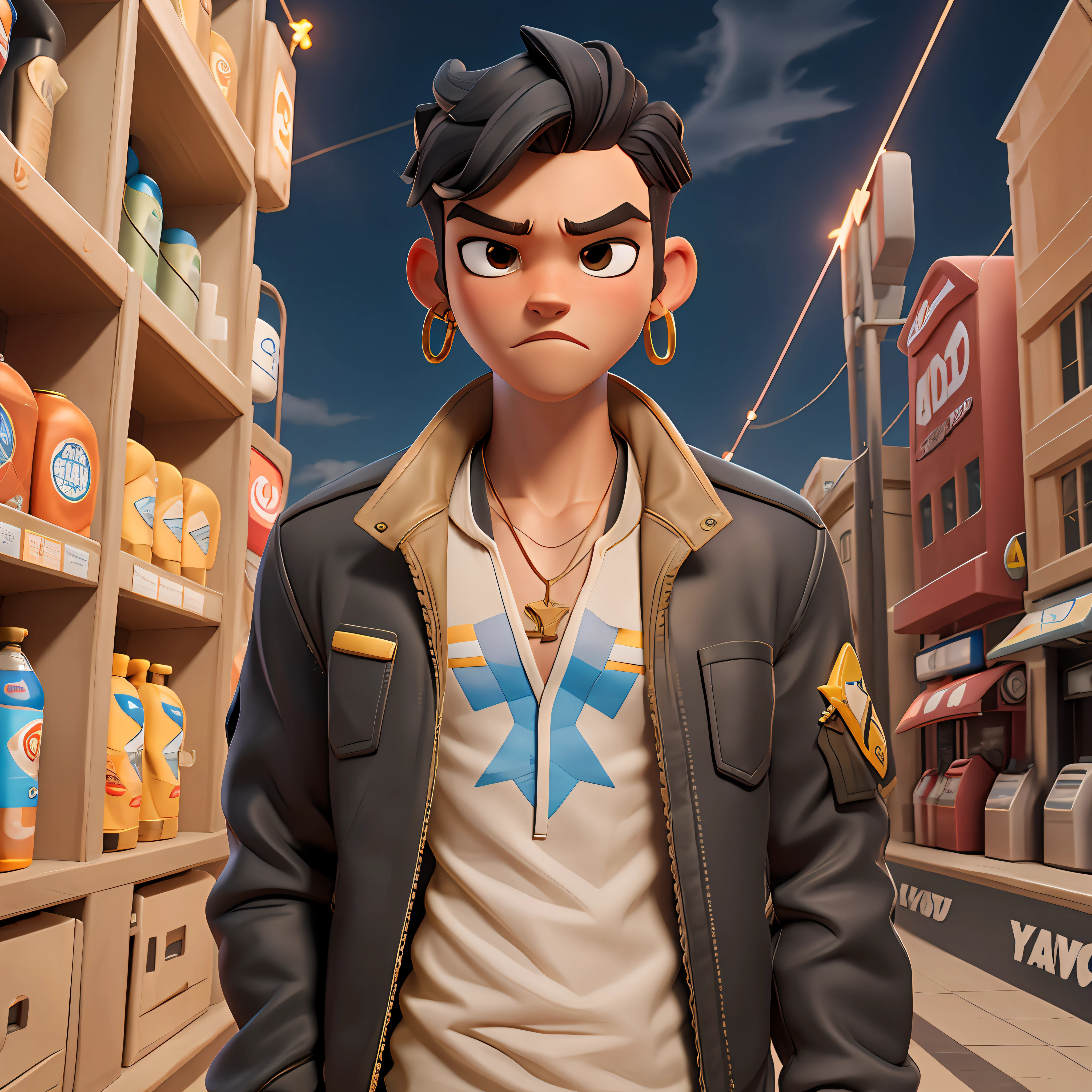 Young androgen with "long straight black hair", golden earrings, wearing "aviator's shirt and jacket", thick eyebrows, gas station, electric rays, high voltage