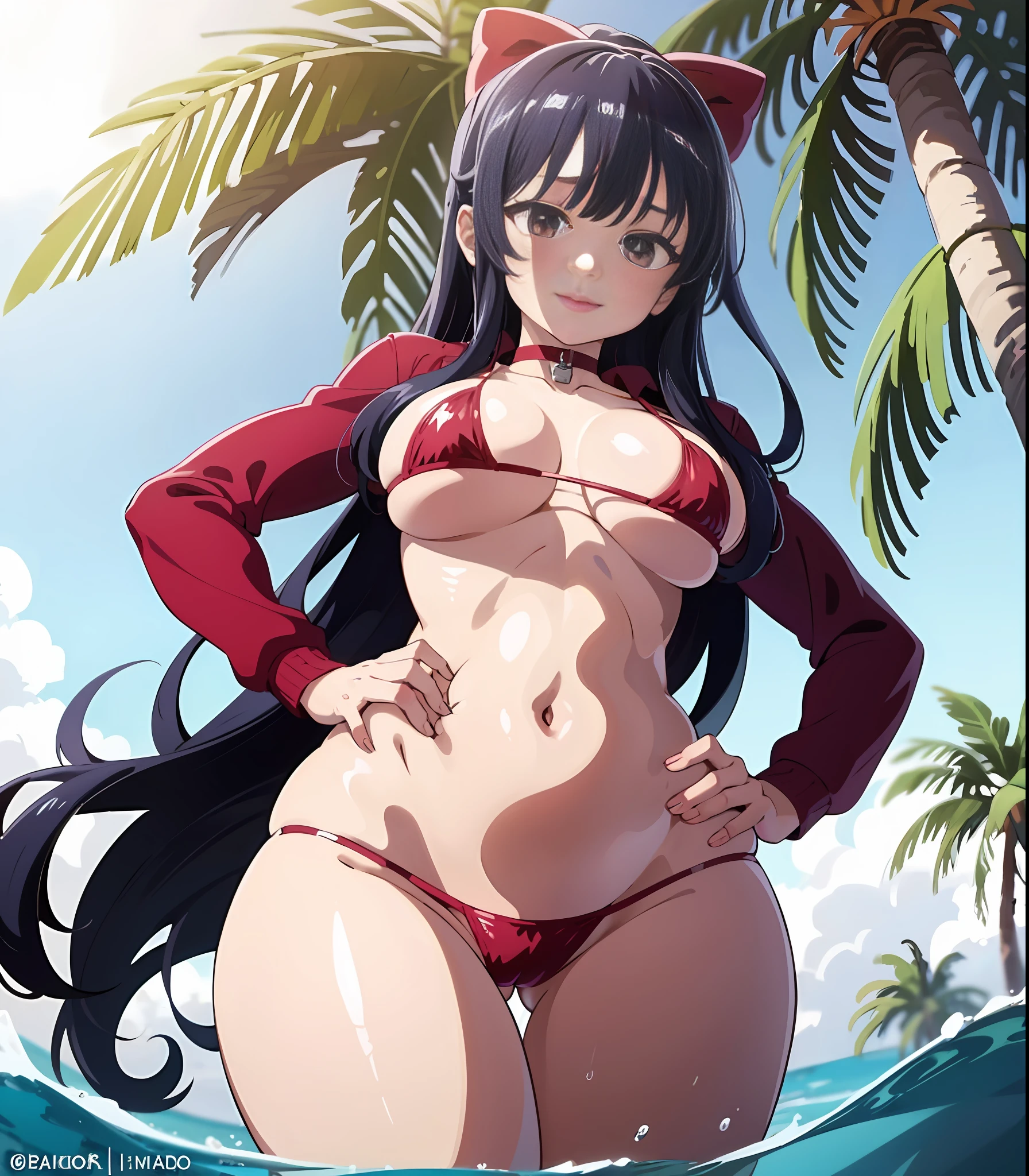 1girl, alone, standing, cowboy shot, hands on hips, from below, looking down, looking at viewer, large chest, :3, pink micro bikini, choker, cocky, lipstick, narrow waist, thick thighs, closed mouth, red eyes, hair bow, outdoor, sunlight, summer, tropical, palm trees, blue sky, partially submerged