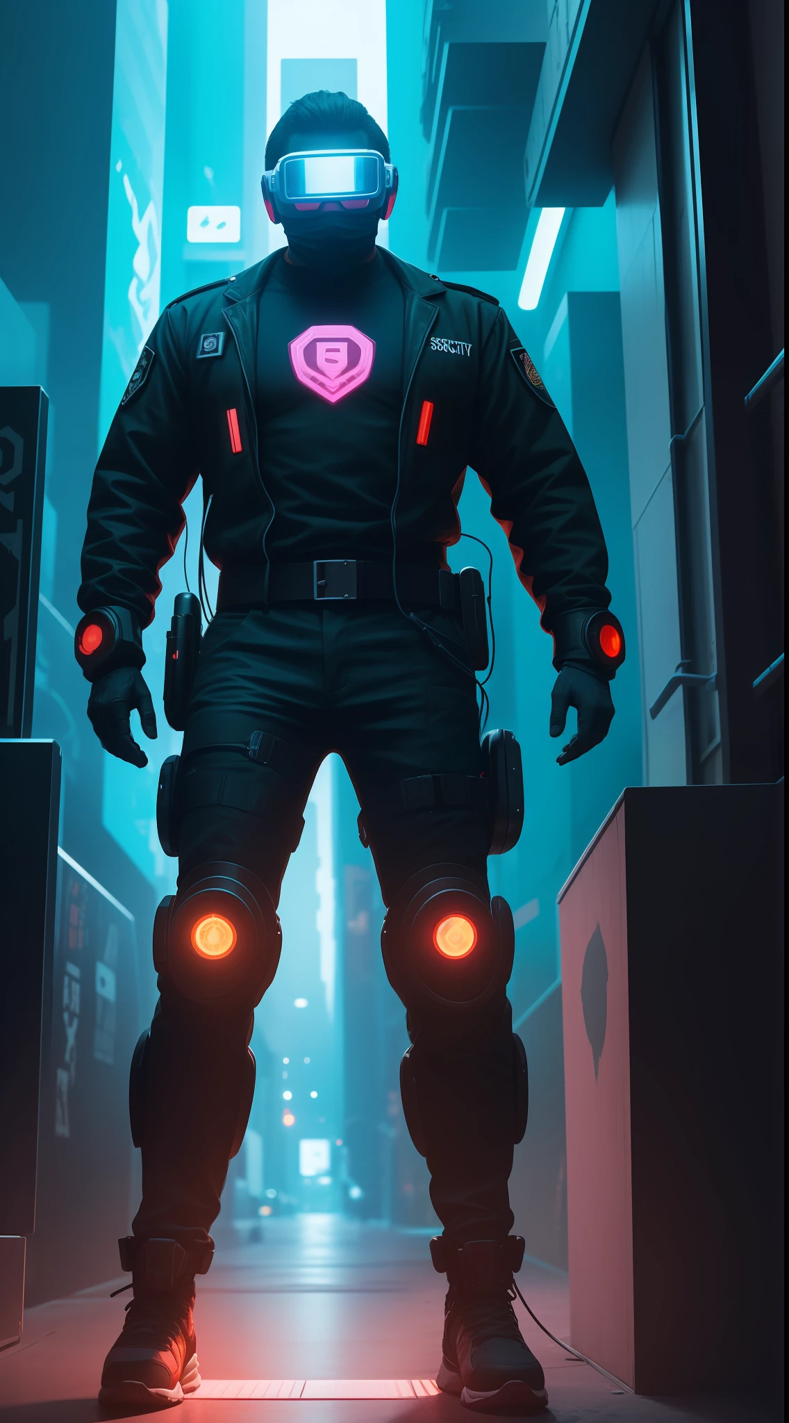 A security guard with an advanced exoskeleton and augmented reality goggles, patrolling an area controlled by a corporation. cyberpunk aesthetics, action film shot by Kon Satoshi, Semi Impasto style, matte paint, atmospheric, bright, dramatic lighting