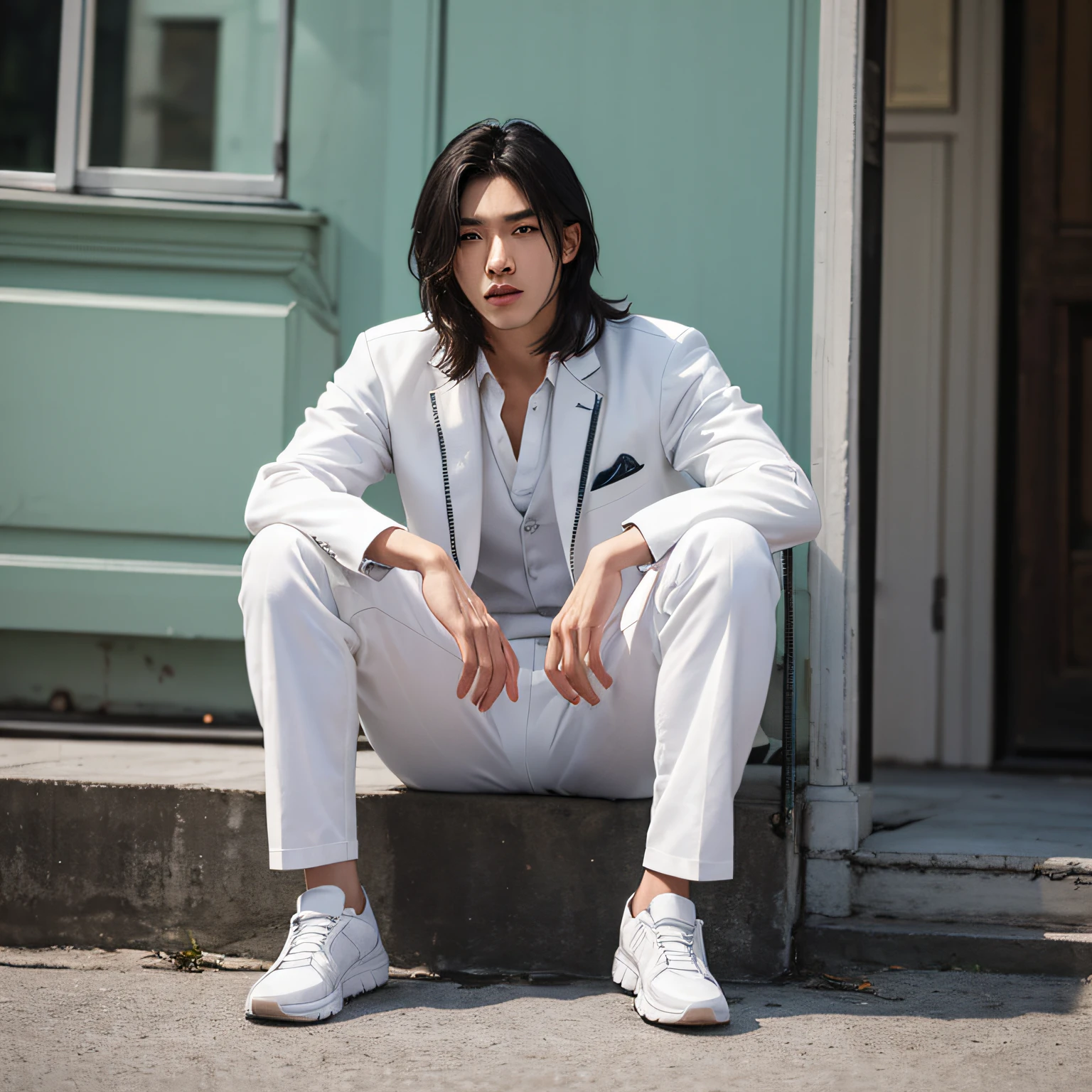 Best quality, masterpiece, ultra high res, (photorealistic: 1.5), Asian men, black skin, narrow hair, full body, white suit