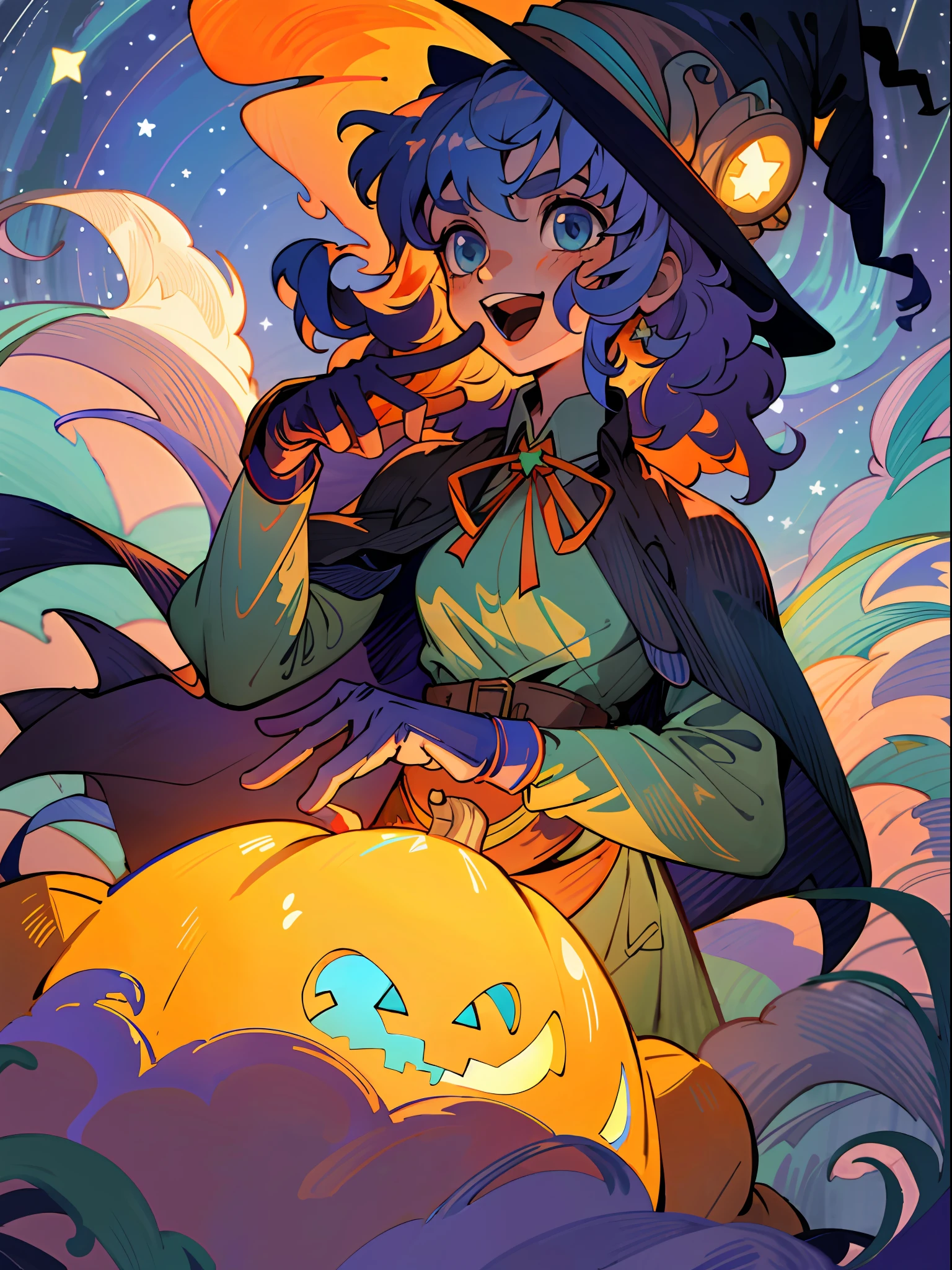 ((masterpiece:1.2, best quality)), 1girl, solo, (witch hat), a close up of a girl with curly hair, dress, aurora, night, star (sky), gloves, sky, dress, night sky, open mouth, starry sky, light blue eyes, ribbons, smile, cape, colorful hair, magic, casting spell, night, (impressionism:1.4), alphonse mucha, Halloween colors, colorful candy, magical lights, pumpkins, candies