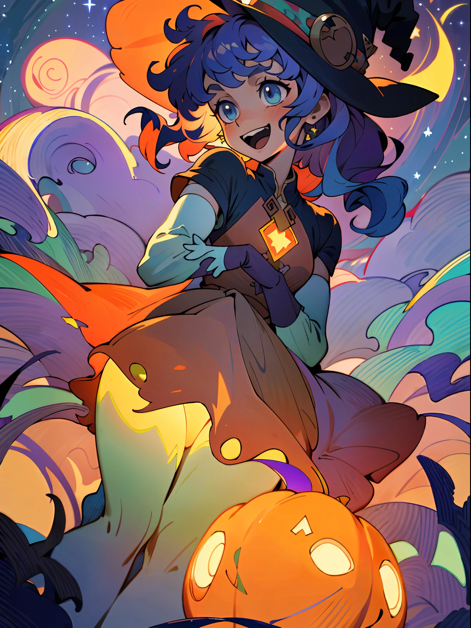 ((masterpiece:1.2, best quality)), 1girl, solo, (witch hat), a close up of a girl with curly hair, dress, aurora, night, star (sky), gloves, sky, dress, night sky, open mouth, starry sky, light blue eyes, ribbons, smile, cape, colorful hair, magic, casting spell, night, (impressionism:1.4), alphonse mucha, Halloween colors, colorful candy, magical lights, pumpkins, candies