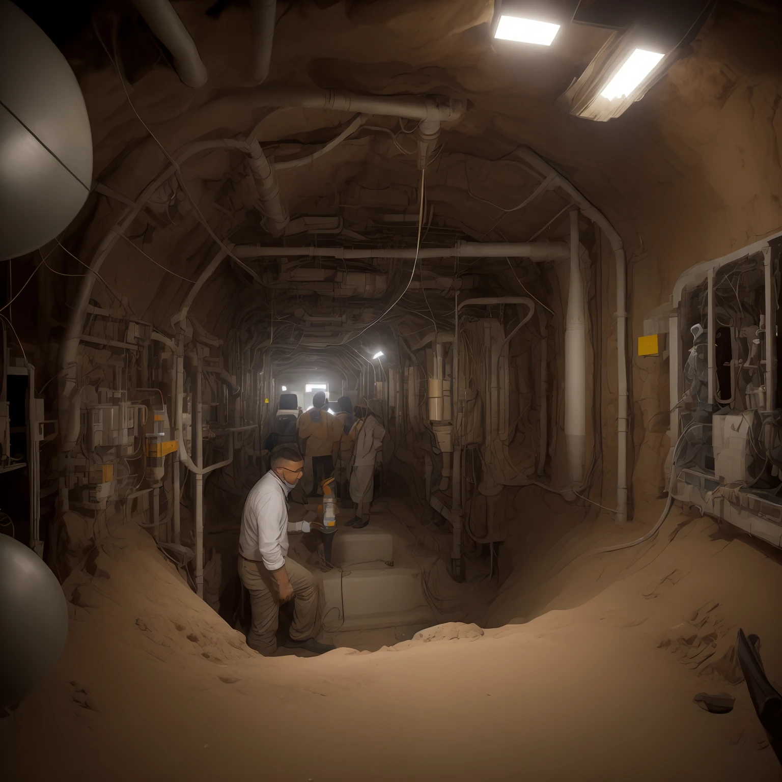 Man in works with an excavation team in an underground tunnel. Man thrilled with his team. Better quality. 8K. Realistic --auto
