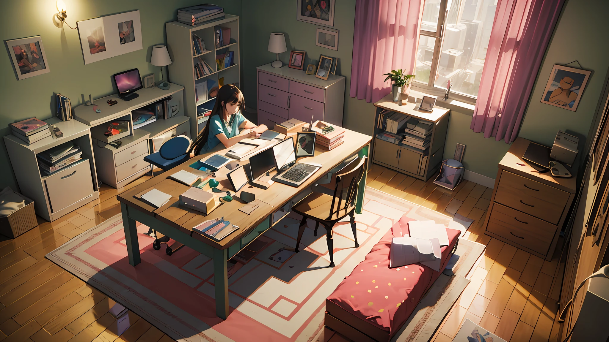 3D cartoon, young Brazilian woman's bedroom, single bed, messy, night, table with large computer, no chair, books and toys on the floor, 4K --auto --s2