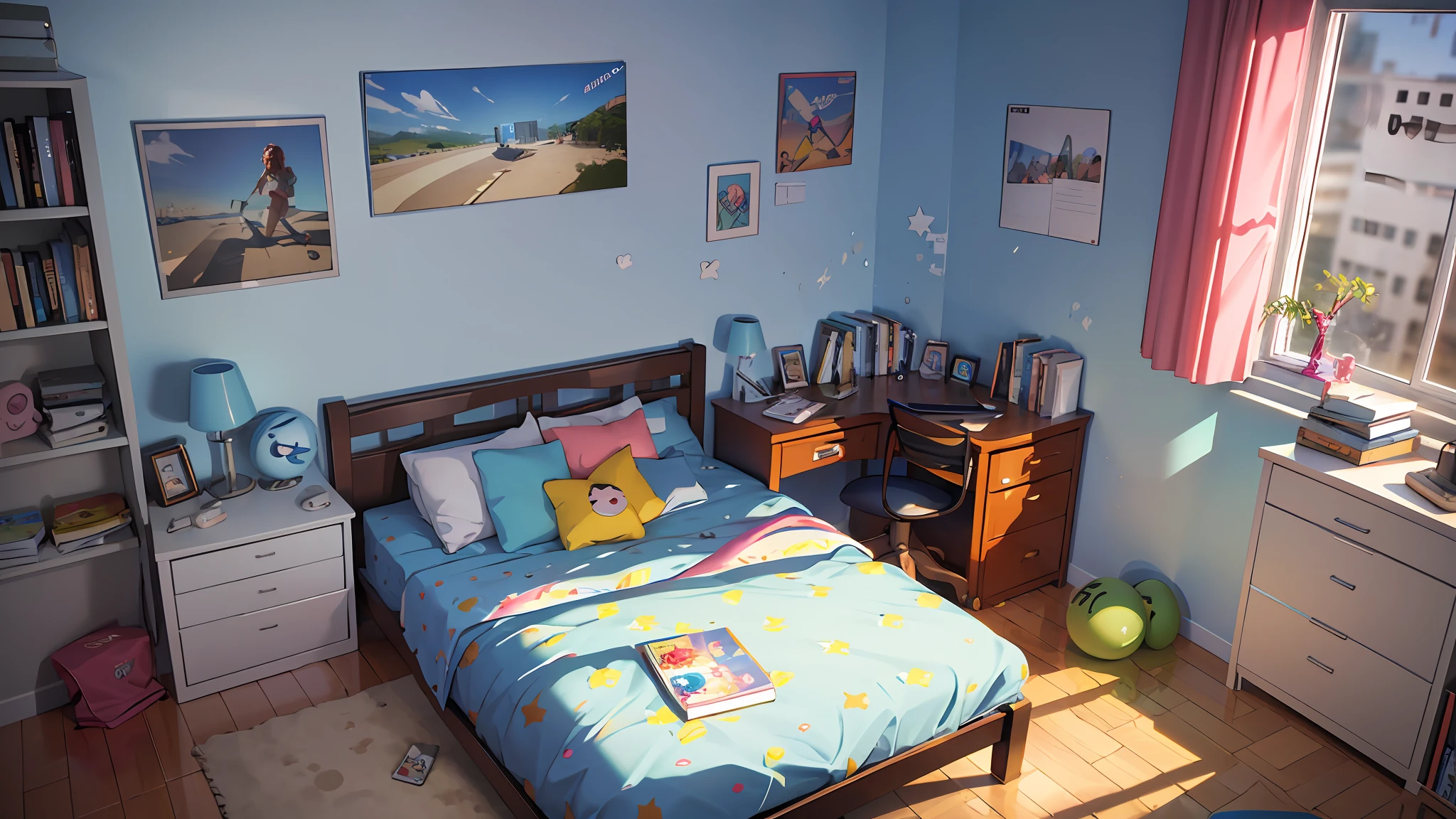 3D cartoon, young Brazilian woman's bedroom, single bed, messy, night, table with large computer, no chair, books and toys on the floor, 4K --auto --s2