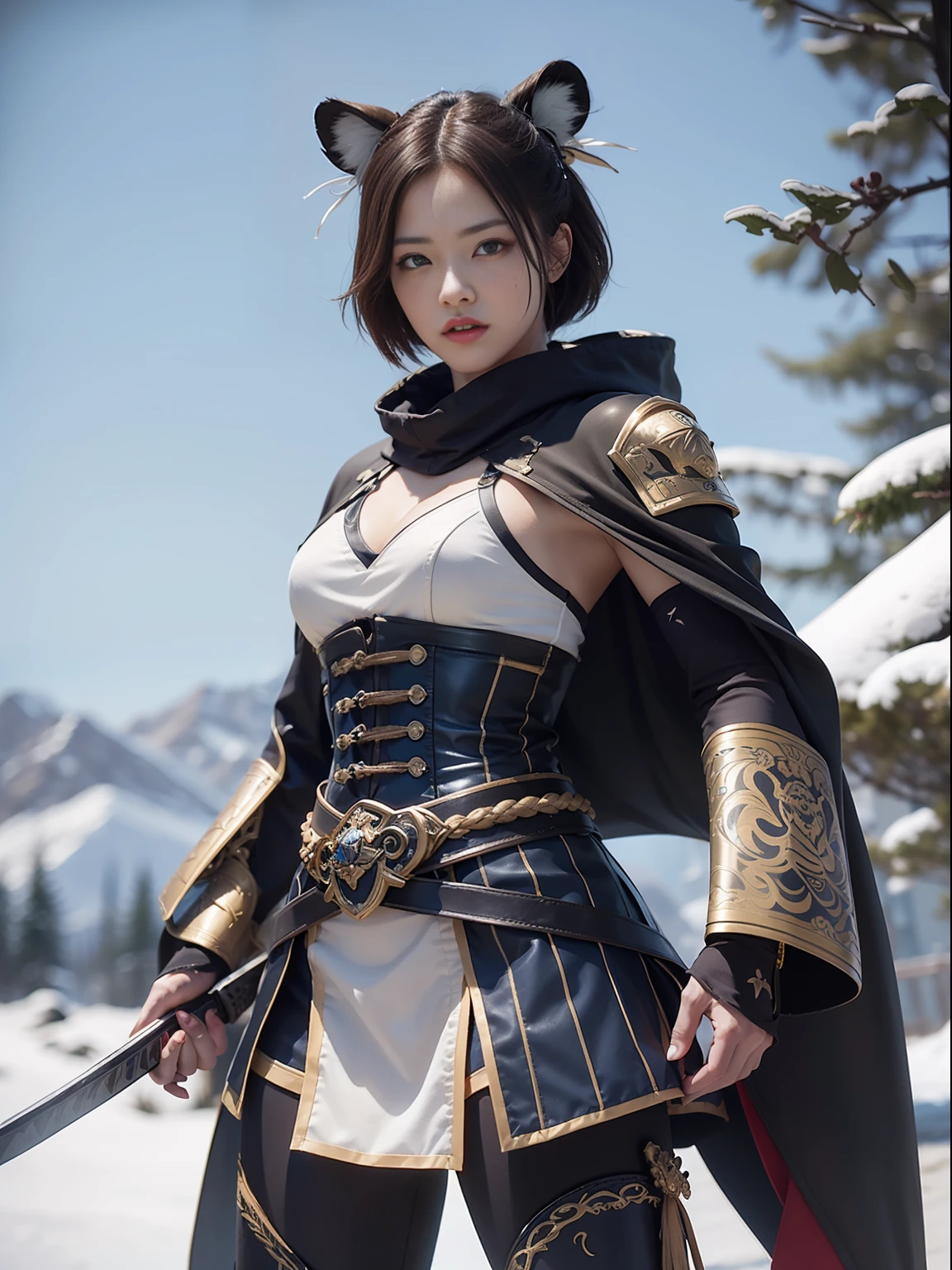 woman, Blue and White TIger Samurai with tattered worn cloak standing in a fierce , highly detailed, photorealistic, unreal engine, combat stance. unreal engine 5, hyper-realism, Nvidia Geforce 4090TI ,Katana, snow mountains in the backround, magical power