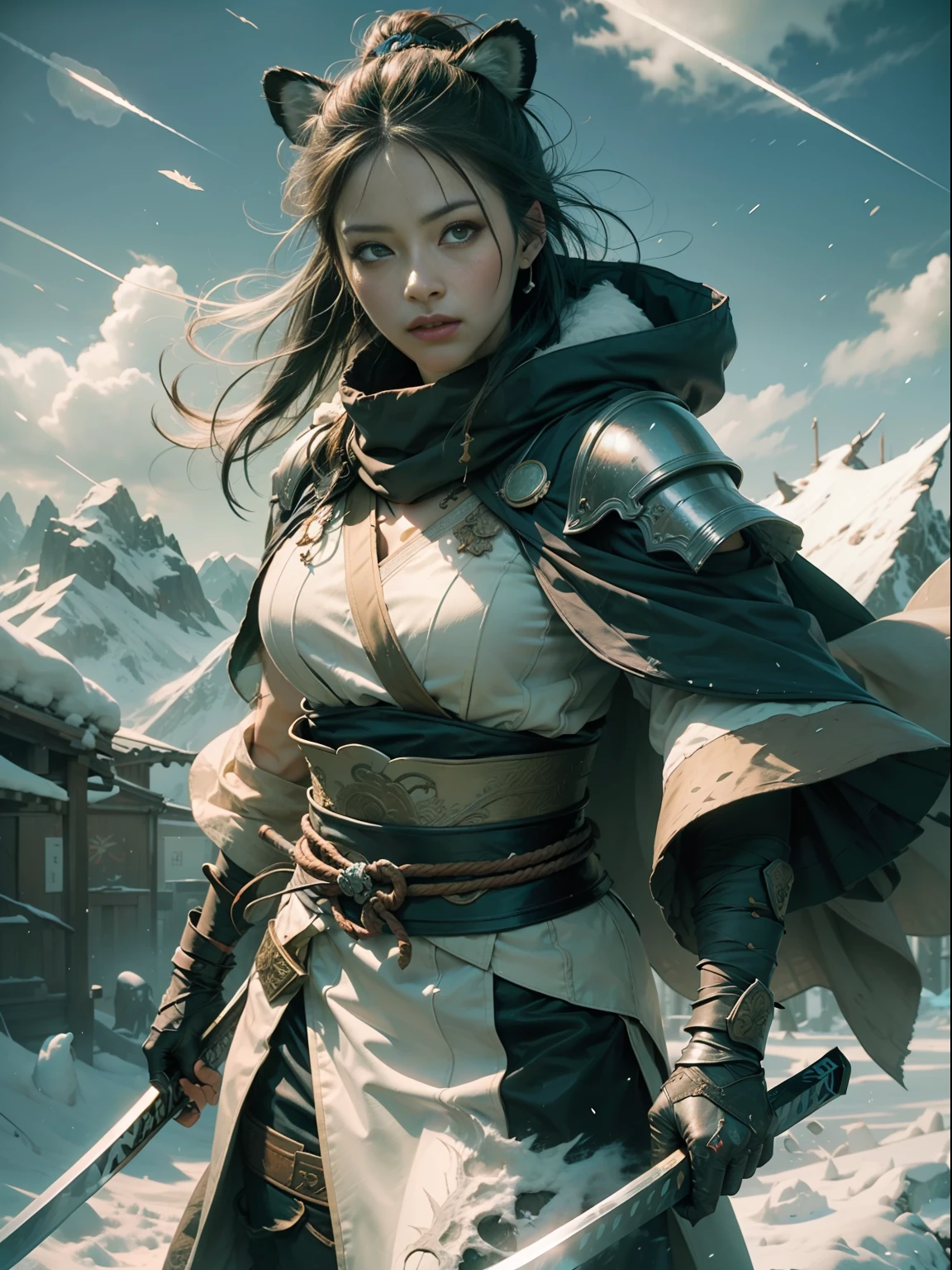 woman, Blue and White TIger Samurai with tattered worn cloak standing in a fierce , highly detailed, photorealistic, unreal engine, combat stance. unreal engine 5, hyper-realism, Nvidia Geforce 4090TI ,Katana, snow mountains in the backround, magical power