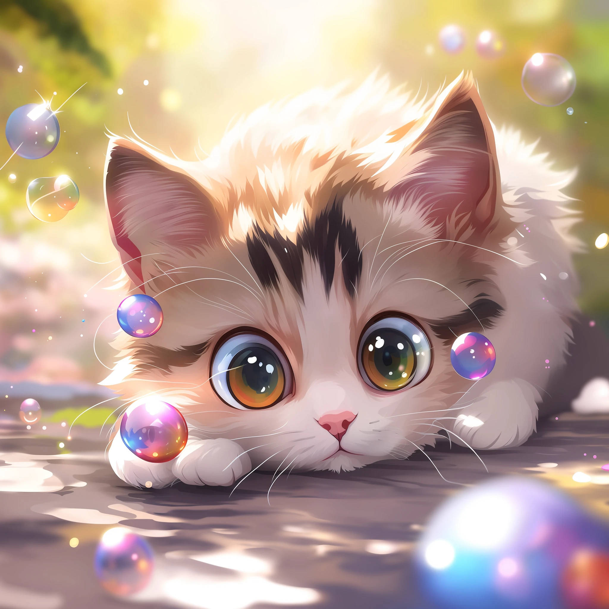 there is a cat that is laying down with bubbles on its face, adorable digital painting, cute detailed digital art, cute digital art, anime visual of a cute cat, cute detailed artwork, realistic anime cat, anime cat, trending on artstation pixiv, by Yang J, kawaii cat, cute artwork, kawaii realistic portrait, digital art on pixiv