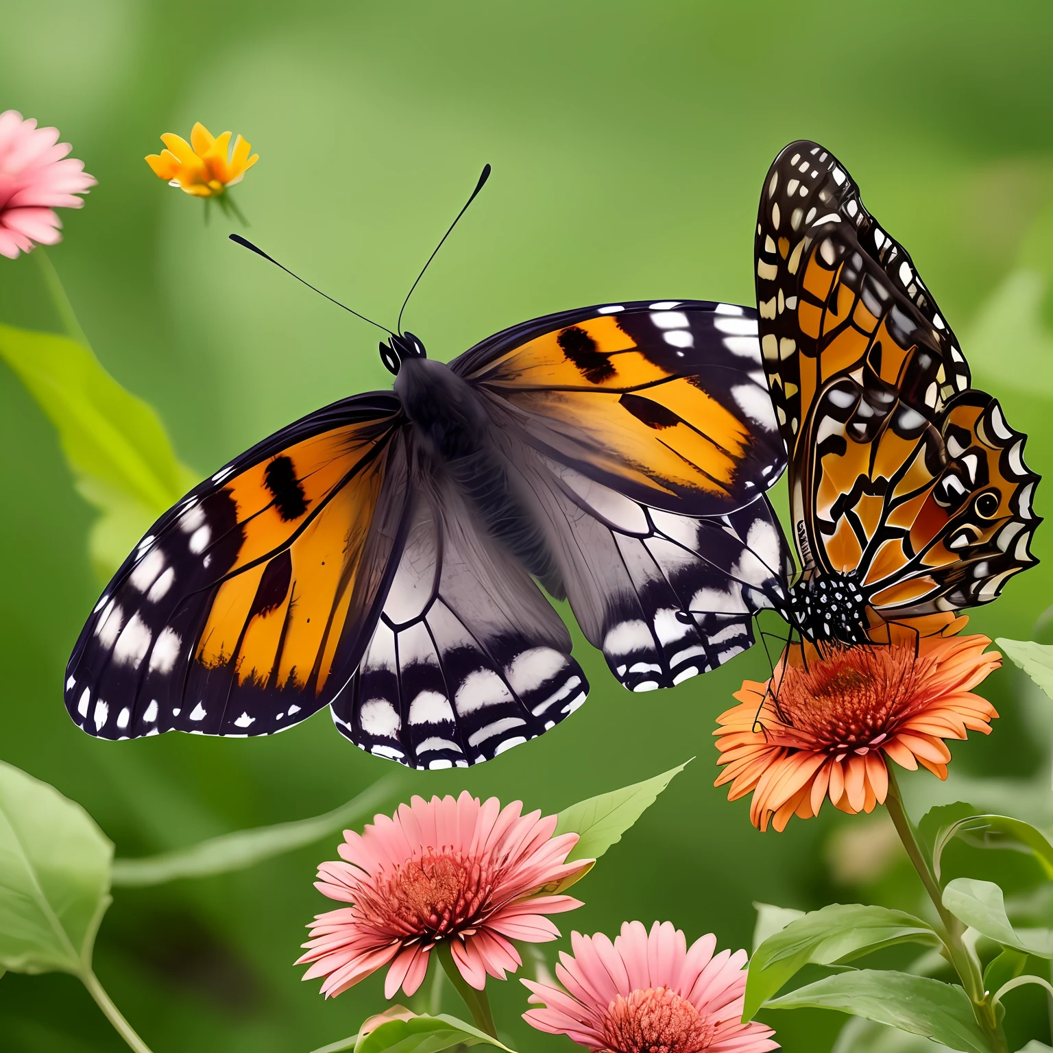 Create an image of two butterflies meeting a beautiful flower --auto