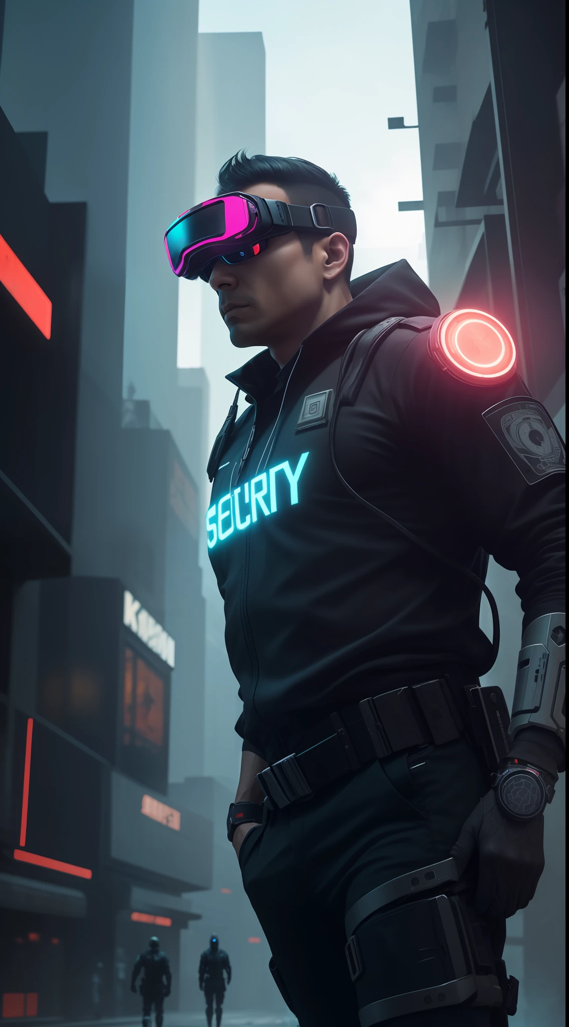 A security guard with an advanced exoskeleton and augmented reality goggles, patrolling an area controlled by a corporation. cyberpunk aesthetics, action film shot by Kon Satoshi, Semi Impasto style, matte paint, atmospheric, bright, dramatic lighting