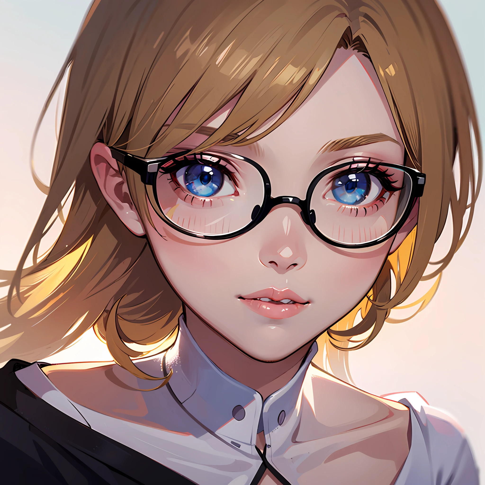 a blond young woman, wearing glasses, big lips, ultra realistic, blue eyes, innocent face, with white cream on her face