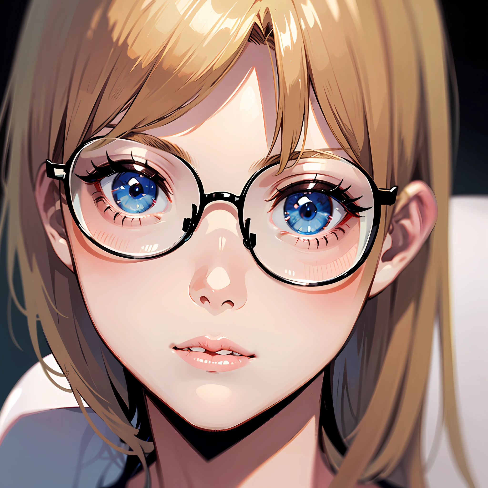 a blond young woman, wearing glasses, big lips, ultra realistic, blue eyes, innocent face, with white cream on her face