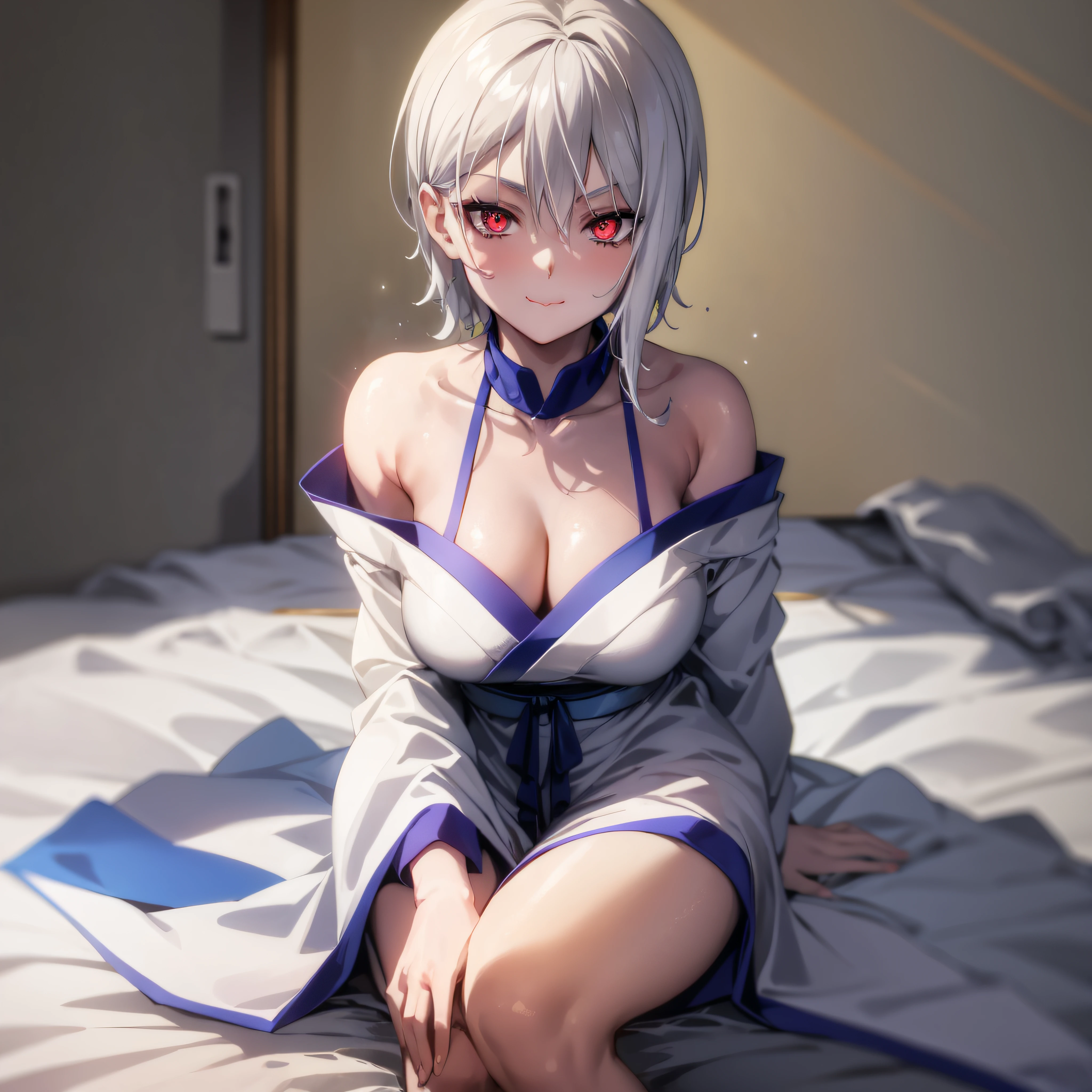 a young girl, white hair, very white skin, voluminous breasts tight in her clothes, wearing a Japanese kimono, cleavage, sitting on a messy bed, holding a katana., eye reflection, glowing eyes, light smile, pout, anime, modern, anime style, ray tracing, silhouette, cropped, close-up, f/1.2, UHD, high details, 4K