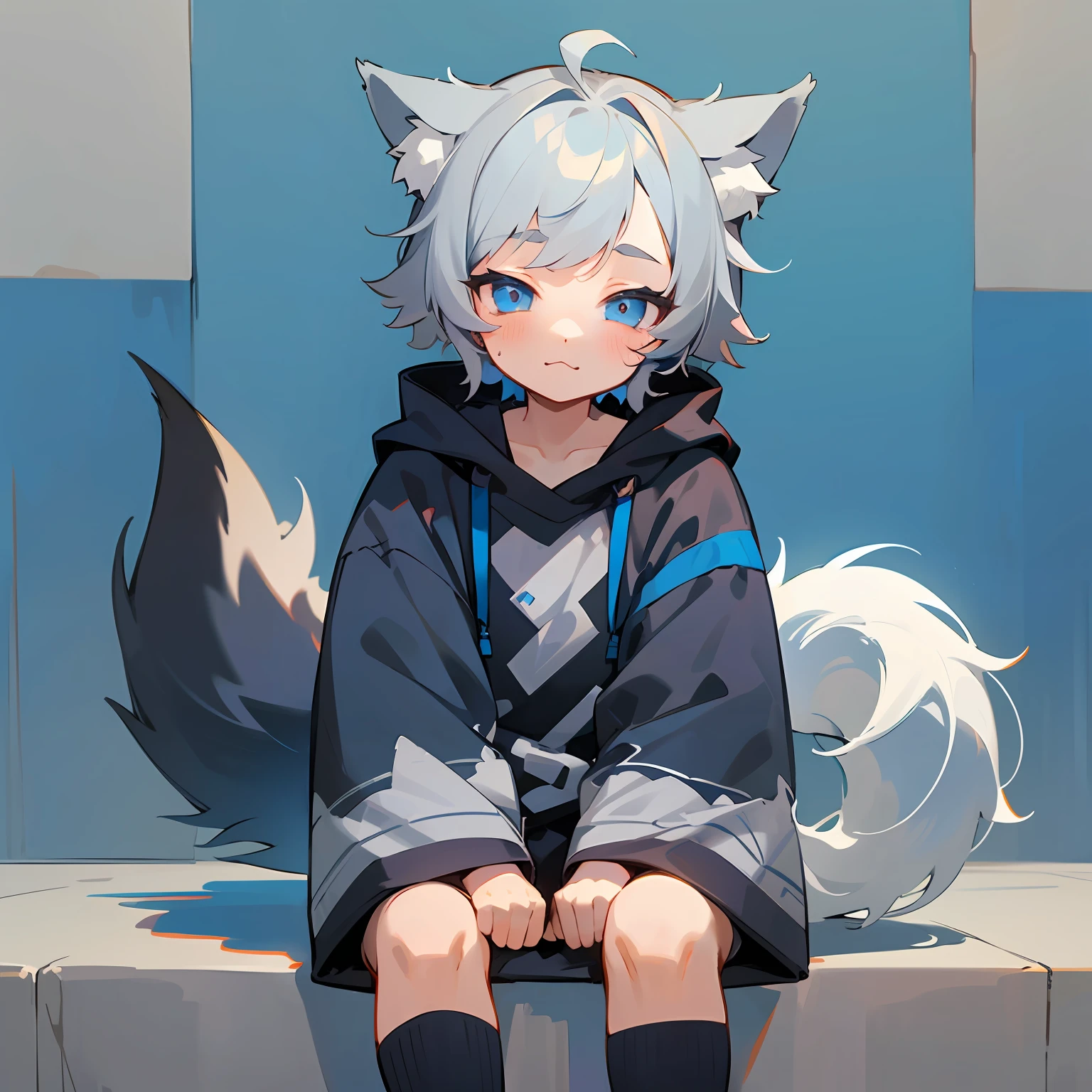 (1boy), (Shota), (HD quality, masterpiece level), cute teen character, dark gray hair, blue eyes, (wolf ears), (wolf tail), one tail, (no ears), (little boy), (ears covered), (hair covered ears), a pinch of blue bangs, full body picture, chubby face, random expressions, cute feet, cute face, solo,