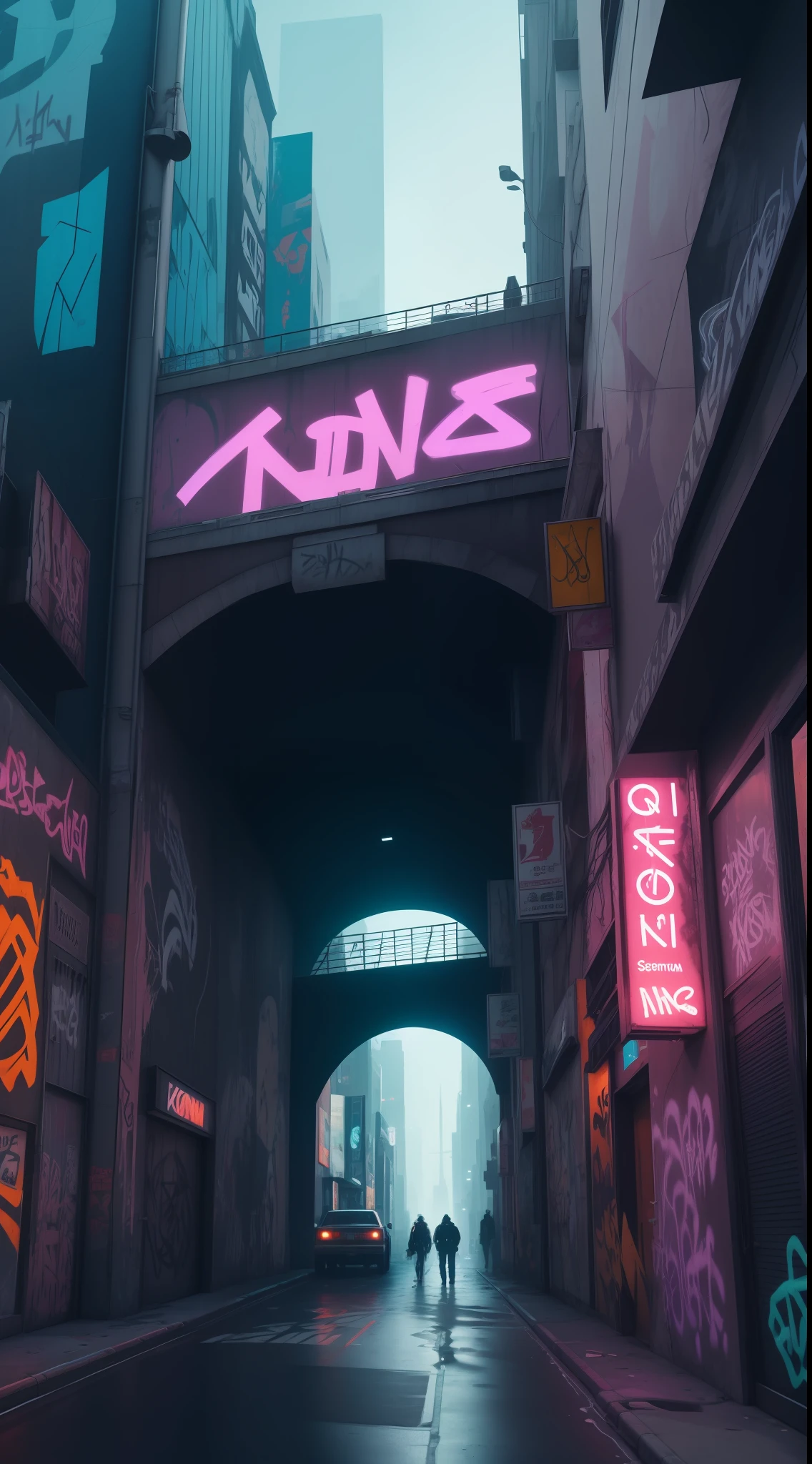 A futuristic bridge covered in graffiti and digital graffiti, connecting two parts of the city. cyberpunk aesthetics, action film shot by Kon Satoshi, Semi Impasto style, matte paint, atmospheric, bright, dramatic lighting