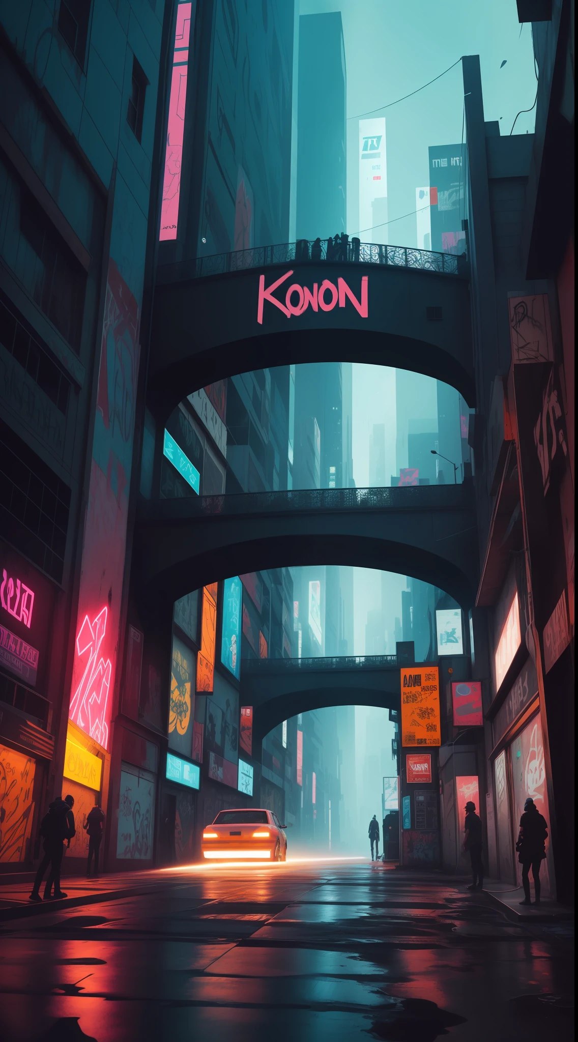 A futuristic bridge covered in graffiti and digital graffiti, connecting two parts of the city. cyberpunk aesthetics, action film shot by Kon Satoshi, Semi Impasto style, matte paint, atmospheric, bright, dramatic lighting