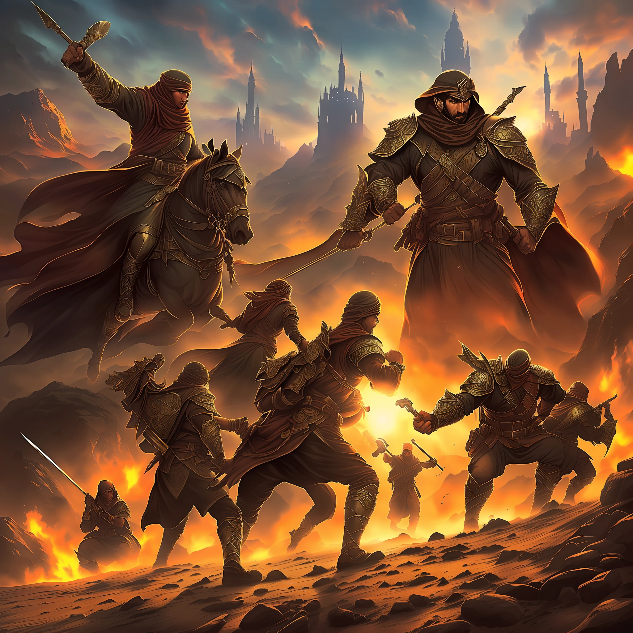 Muslim armies: stunning high-quality image with an Islamic character, bright light and stunning shadows, dynamic depictions of Muslim beliefs and values, epic and aesthetic events, stunning landscapes, myth-like heroes fighting for justice and peace. --auto
