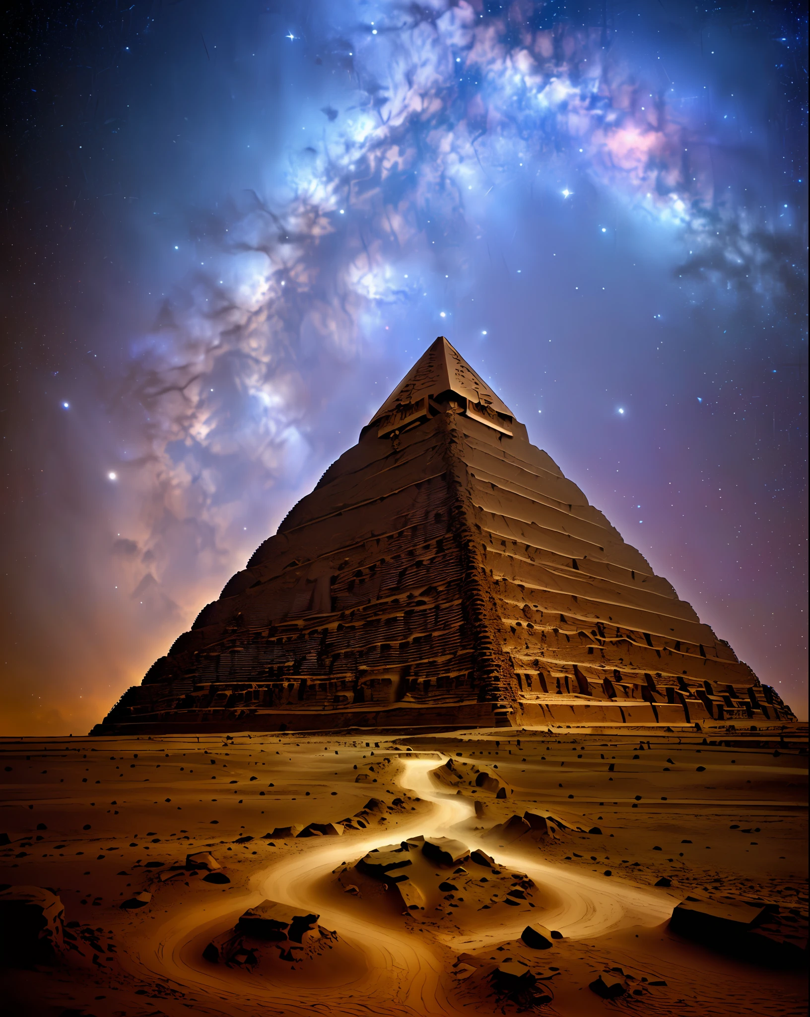 An ancient pyramid floating in an infinite universe. The pyramid is sparsely populated with stars. masterpiece, sharp, ultra detail, 8k,cyberspace soldier, angle view, top quality, dim, (high detail background:1.2),(high detail characters:1.2), dslr, soft lighting, high quality, film grain, fujifilm xt3, intricate detail,