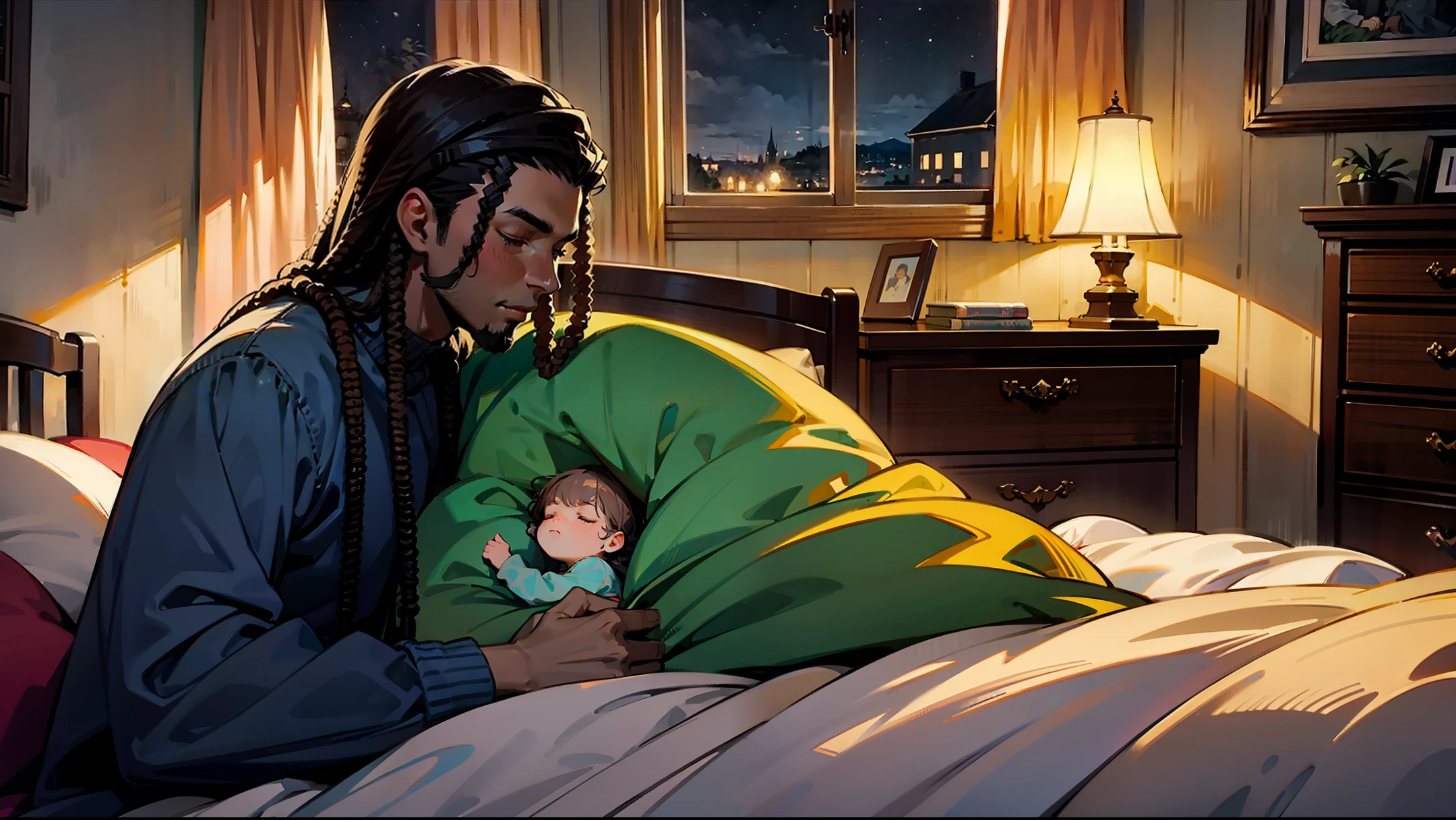Black man with long dreadlocks stands by the window and holds his sleeping baby daughter, nighttime, cozy bedroom, very realistic, colorful atmosphere, illustration