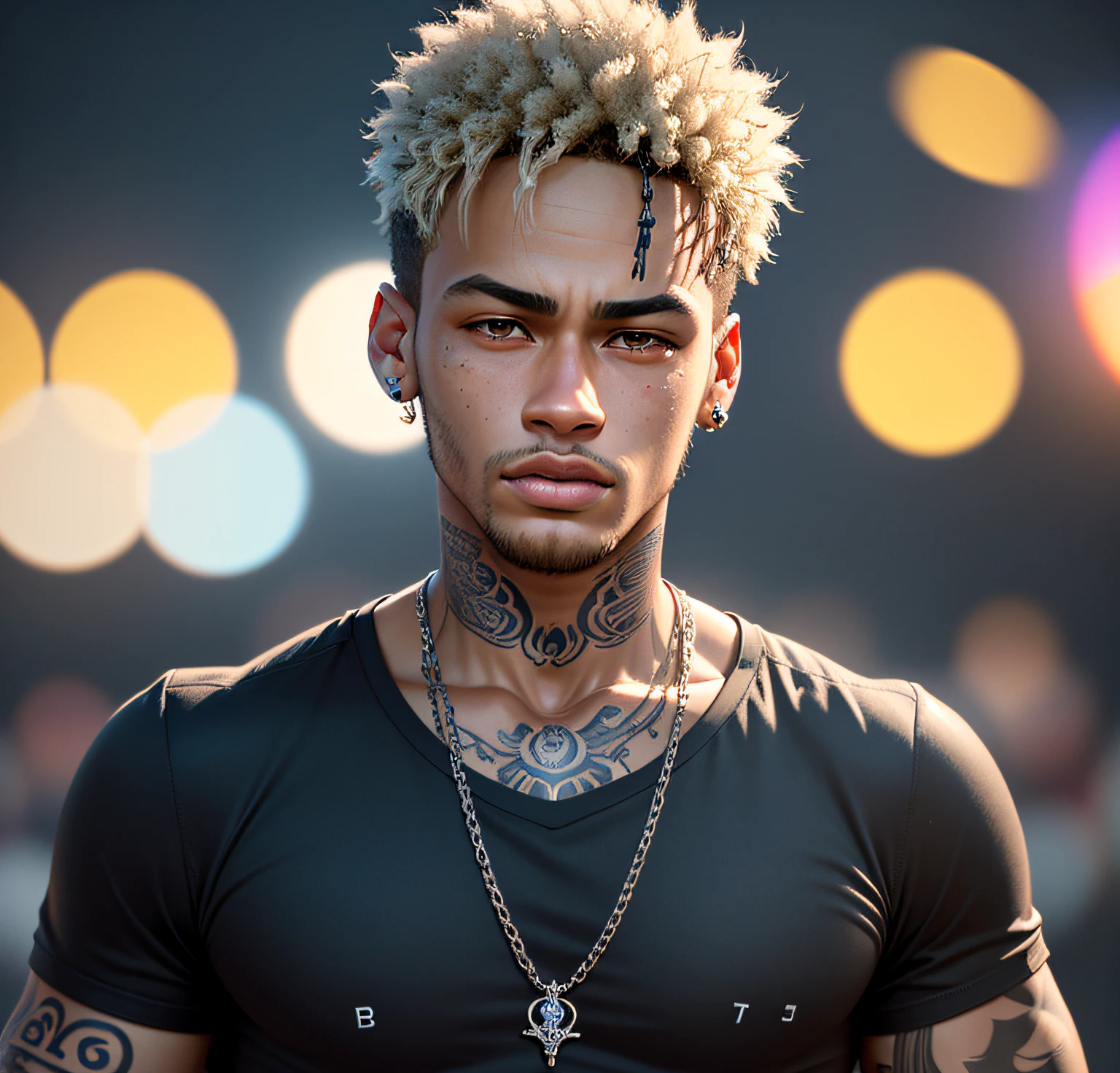 Neymar da Silva Santos Júnior,several 925 silver chains on the neck,tattooed neck,black t-shirt,(pixar style) (masterpiece:1.2) (bokeh) (best quality) (detailed skin) (detailed texture) (8k) (claymation) (cinematic lighting) (sharp focus)