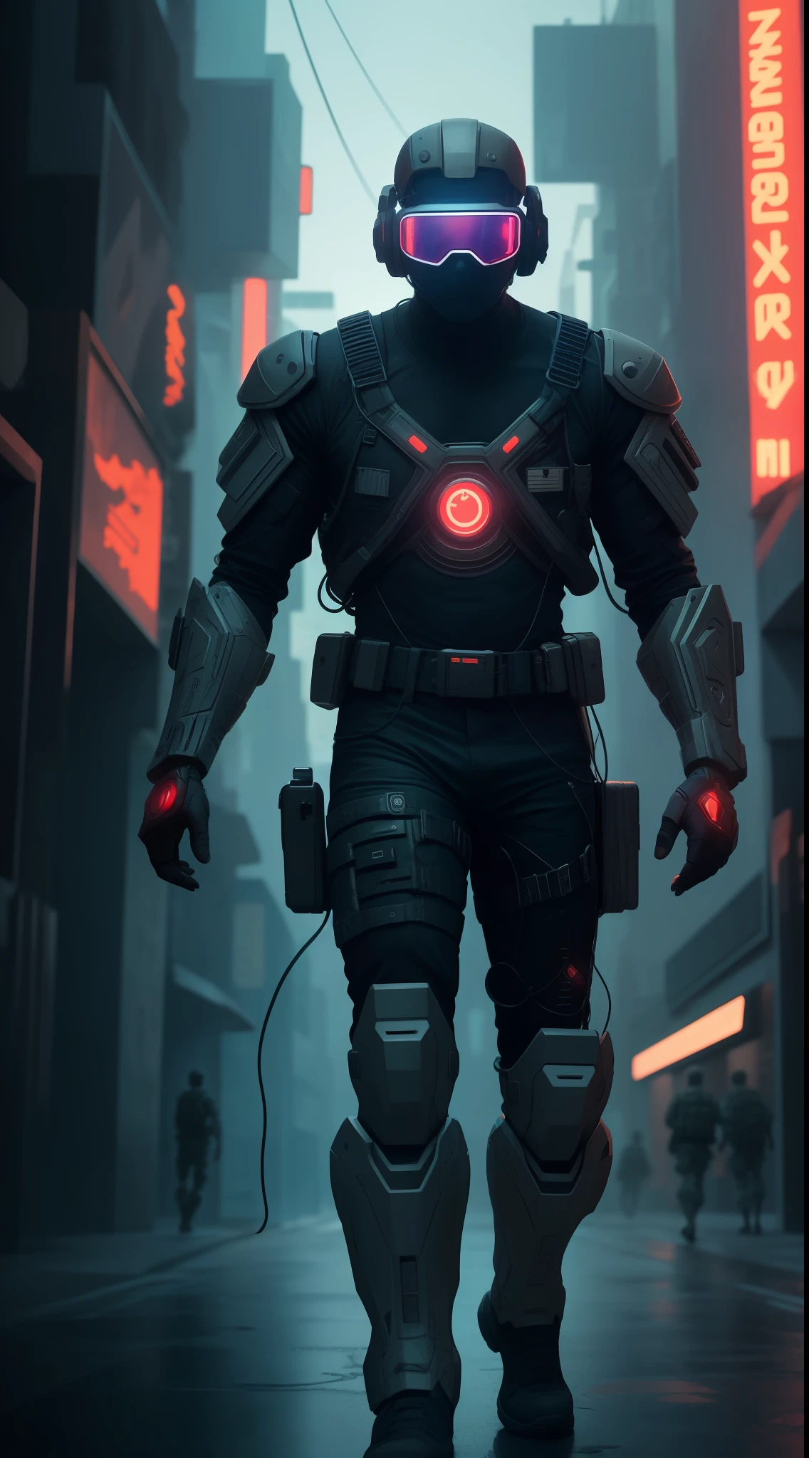An army soldier with an advanced exoskeleton and augmented reality goggles, patrolling an area controlled by a corporation. cyberpunk aesthetics, action film shot by Kon Satoshi, Semi Impasto style, matte paint, atmospheric, bright, dramatic lighting