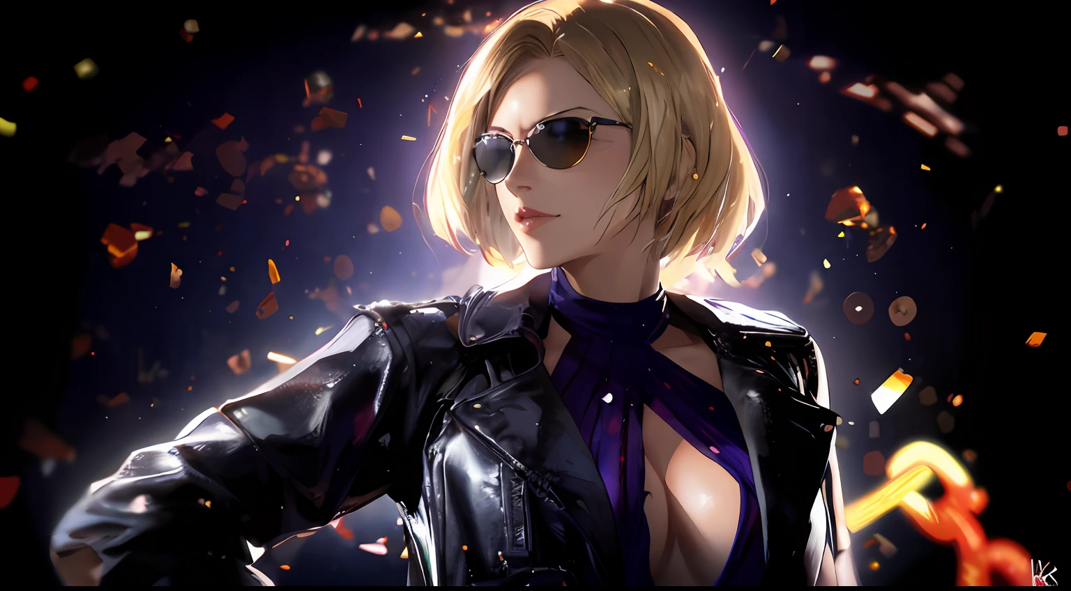 there is a woman in a leather jacket and sunglasses posing, as a character in tekken, 8k artgerm bokeh, glamorous jill valentine, barbara hammer 4 k, badass anime 8 k, dead or alive 6, character from king of fighters, rumble roses, 8k portrait render, iconic character splash art, kda, john park, character splash art
