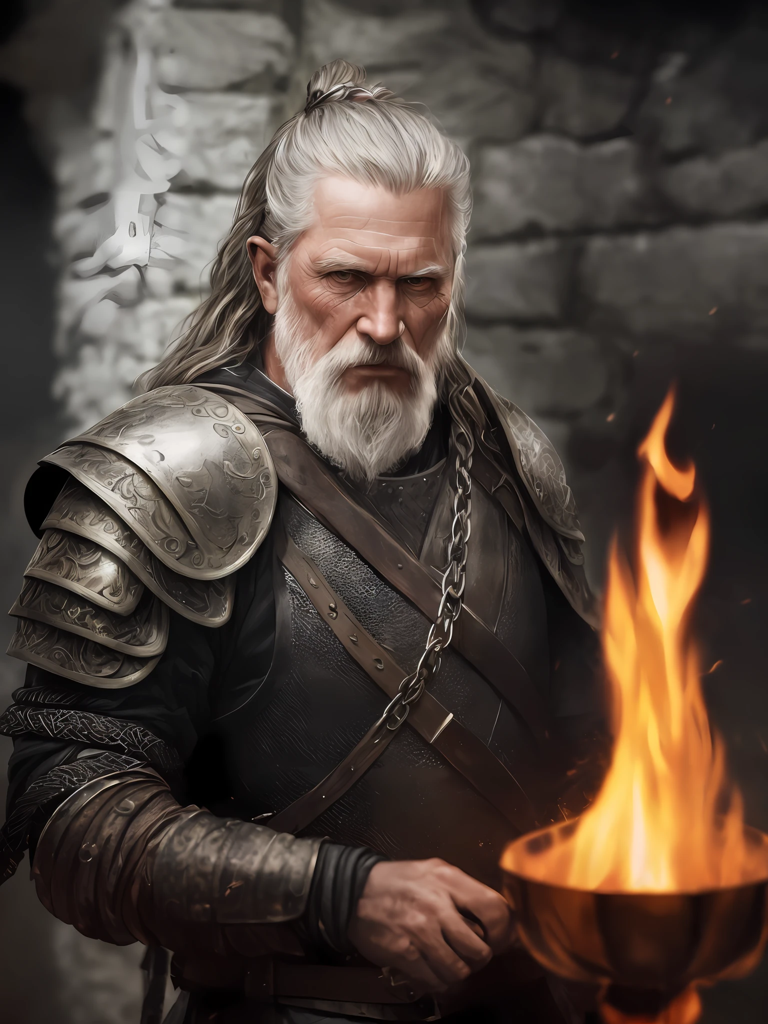 (Highest quality:1.3), cinematic shot, masterpiece, (sharp focus:1.5), (photorealistic:1.3), medium portrait of (a weary-looking but still proud and fierce-looking old Viking warrior, now the leader of his village, dressed in elaborately detailed chain mail and leather armour, a few torches burn on the walls, giving the scene a dark atmosphere but sculpting the forms in sharp chiaroscuro), it is night time, (highly detailed skin), (detailed face), detailed background, dark lighting, twilight lighting, volumetric lighting, intricate details, UHD,