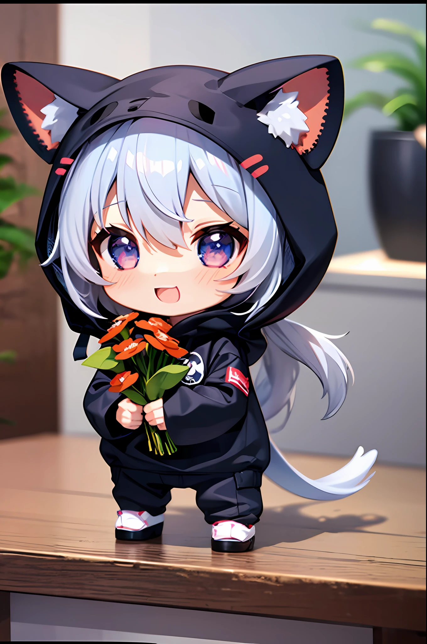 (Chibi: 1.3), happy, (holding a bouquet), full body, (Kigurumi), indoors, on the table, (Nendoroid),