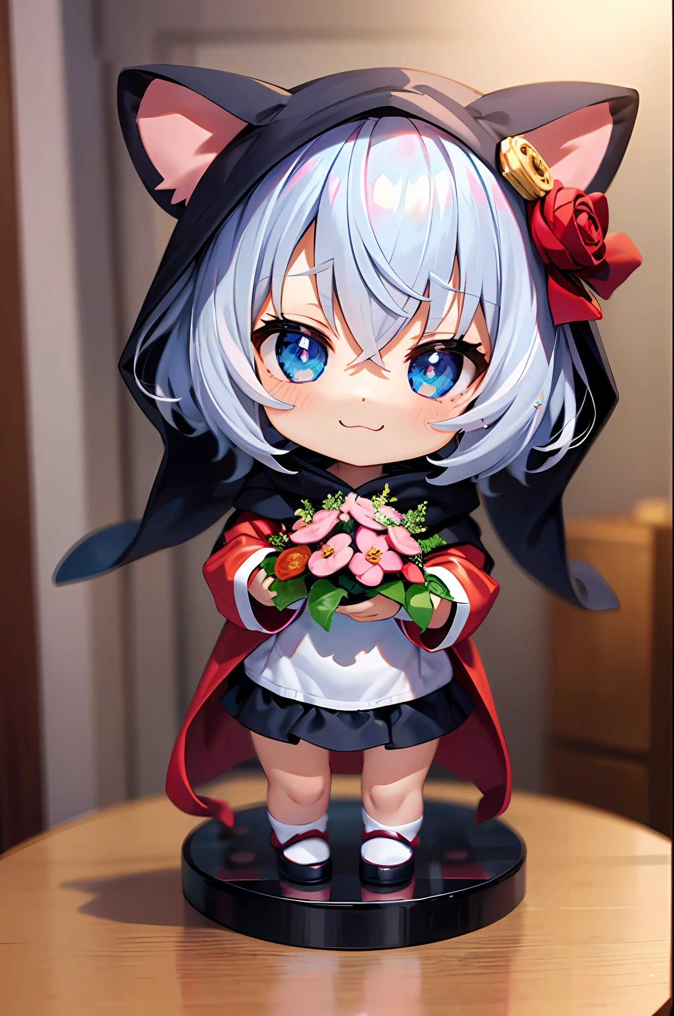 (Chibi: 1.3), happy, (holding a bouquet), full body, (Kigurumi), indoors, on the table, (Nendoroid),