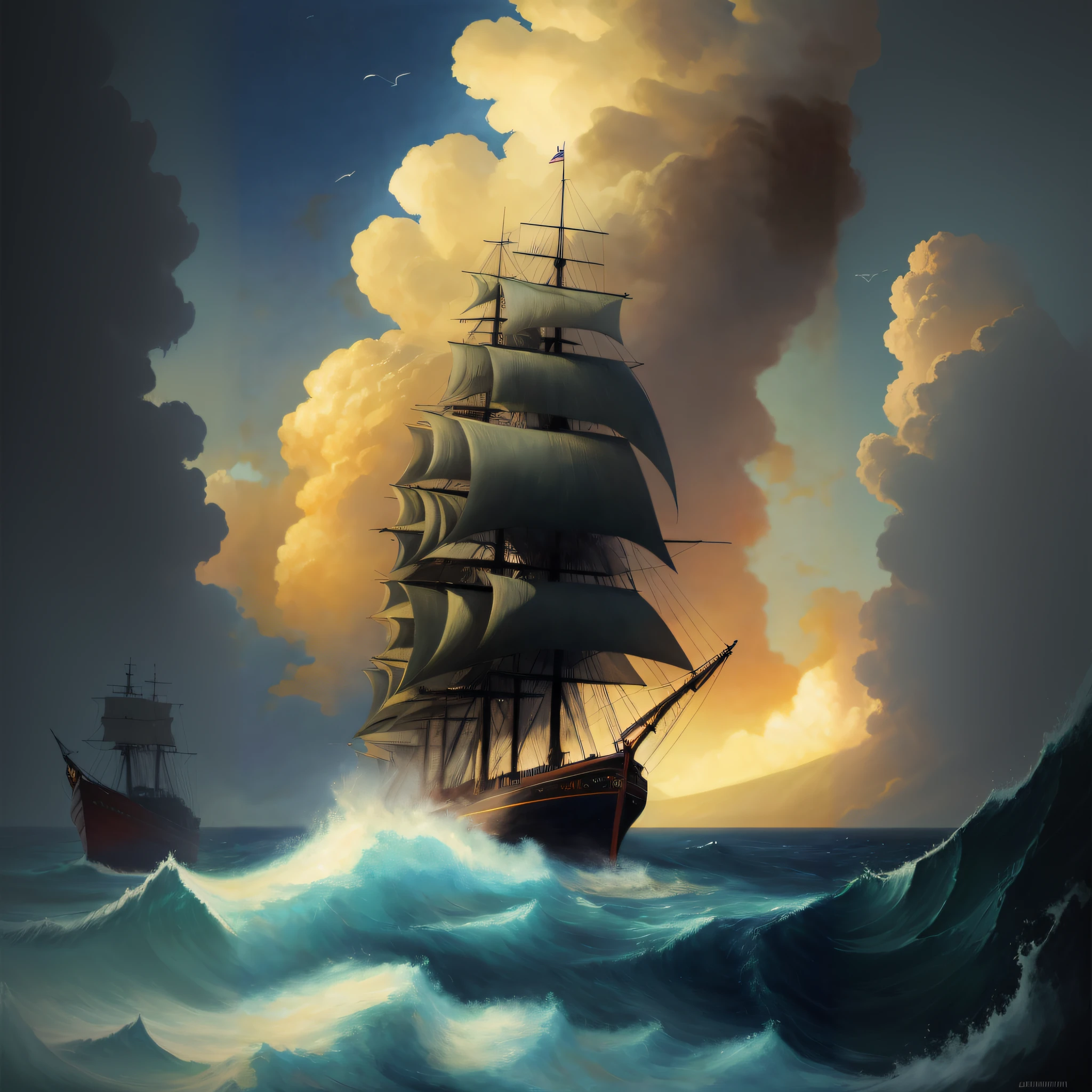painting of a ship in the ocean with a cloudy sky, ship at sea, sailing ship, a ship lost in a storm, by Jason Benjamin, inspired by RHADS, painted in high resolution, gothic ship on ocean, by Brian Thomas, inspired by Carl Eugen Keel, ships with sails, sails, inspired by Ivan Aivazovsky, dramatic nautical scene