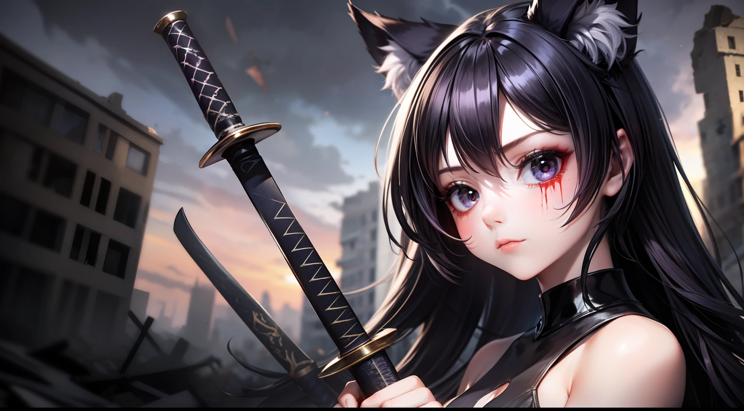\(Style\): { Masterpiece, best quality, high resolution, super detail, flat lighting, }, \(composition\):\{1 girl, viewfinder}, \(appearance\): {(medium long hair: 0.8), black-purple hair, (straight hair: 1.2), black-purple cat ears, small white fluff ear, bright hair, black eyes },\(clothing\): { black purple fashion }, \(behavior\): { have a magic wand }, \(location\): { (apocalyptic world, ruined city ) }, holding katana with blood, holding sword with blood