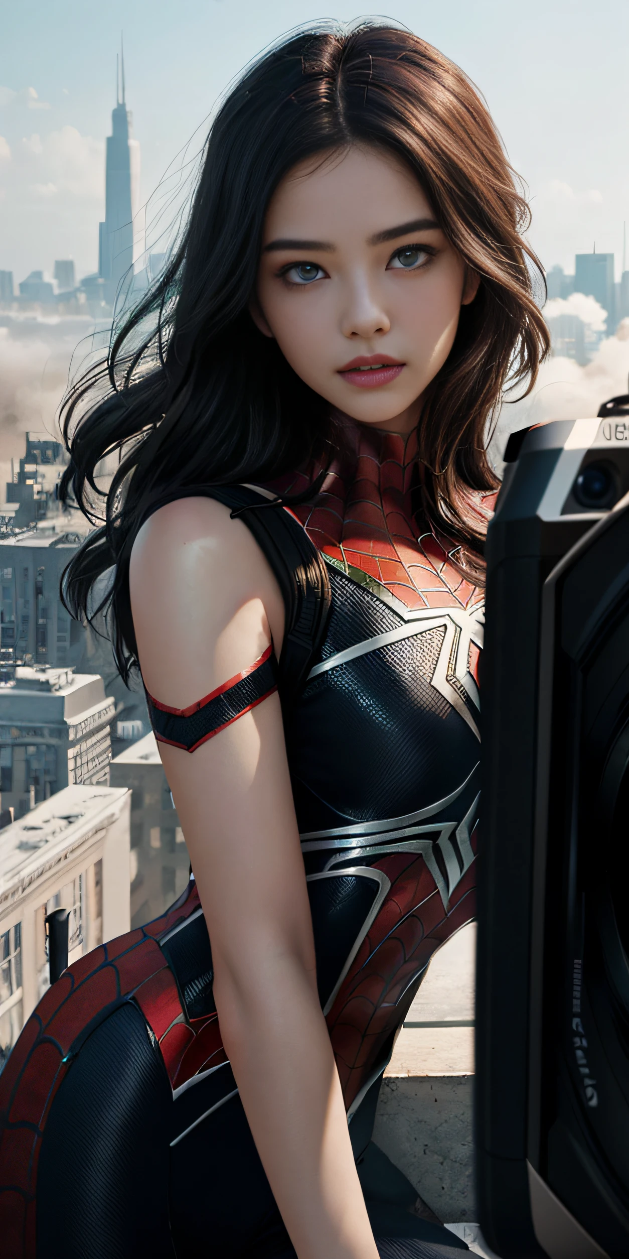(1girl:1.3), solo, ((very detailed face)))), ((very detailed eyes and face)))), beautiful detail eyes, body parts__, official art, unified 8k wallpaper, super detailed, beautiful and beautiful, beautiful, masterpiece, best quality, original, masterpiece, super fine photo, best quality, super high resolution, realistic realism, sunlight, full body portrait, amazing beauty, sexy pose, delicate face, vibrant eyes, (from the front), She is wearing a Spider-Man suit, red and black color scheme, spider, very detailed city roof background, rooftop, overlooking the city, detailed face, detailed complex busy background, messy, gorgeous, milky white, highly detailed skin, realistic skin details, visible pores, clear focus, volumetric fog, 8k uhd, DSLR camera, high quality, film grain, fair skin, photo realism, lomography, future dystopian megalopolis,