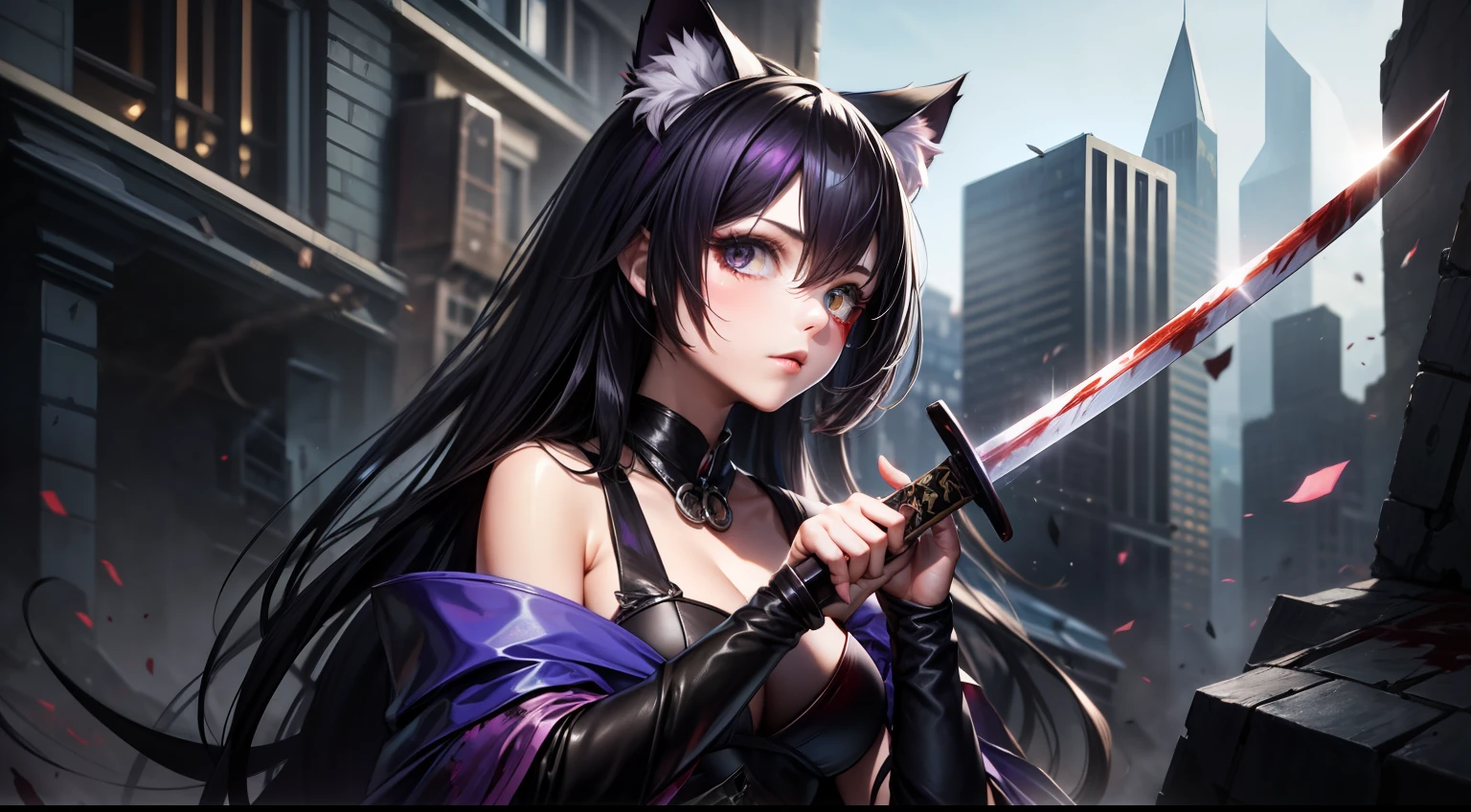 \(Style\): { Masterpiece, best quality, high resolution, super detail, flat lighting, }, \(composition\):\{1 girl, viewfinder}, \(appearance\): {(medium long hair: 0.8), black-purple hair, (straight hair: 1.2), black-purple cat ears, small white fluff ear, bright hair, black eyes },\(clothing\): { black purple fashion }, \(behavior\): { have a magic wand }, \(location\): { (apocalyptic world, ruined city ) }, holding katana with blood, holding sword with blood
